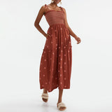 Women Floral Embroidered Maxi Dress Sleeveless Tie Shoulder Smocked Flowy Dress Boho Summer Sundresses with Pockets