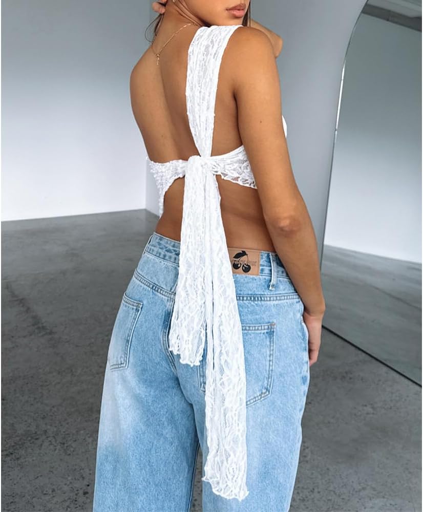 Women One Shoulder Lace Top Irregular Hem Backless Crop Tops See Through Sheer Tank Tops Going Out Clubwear