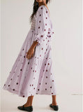 Women Floral Embroidered Maxi Dress Long Puff Sleeve Square Neck Bohemian Flowy Dress with Pockets Summer Fall