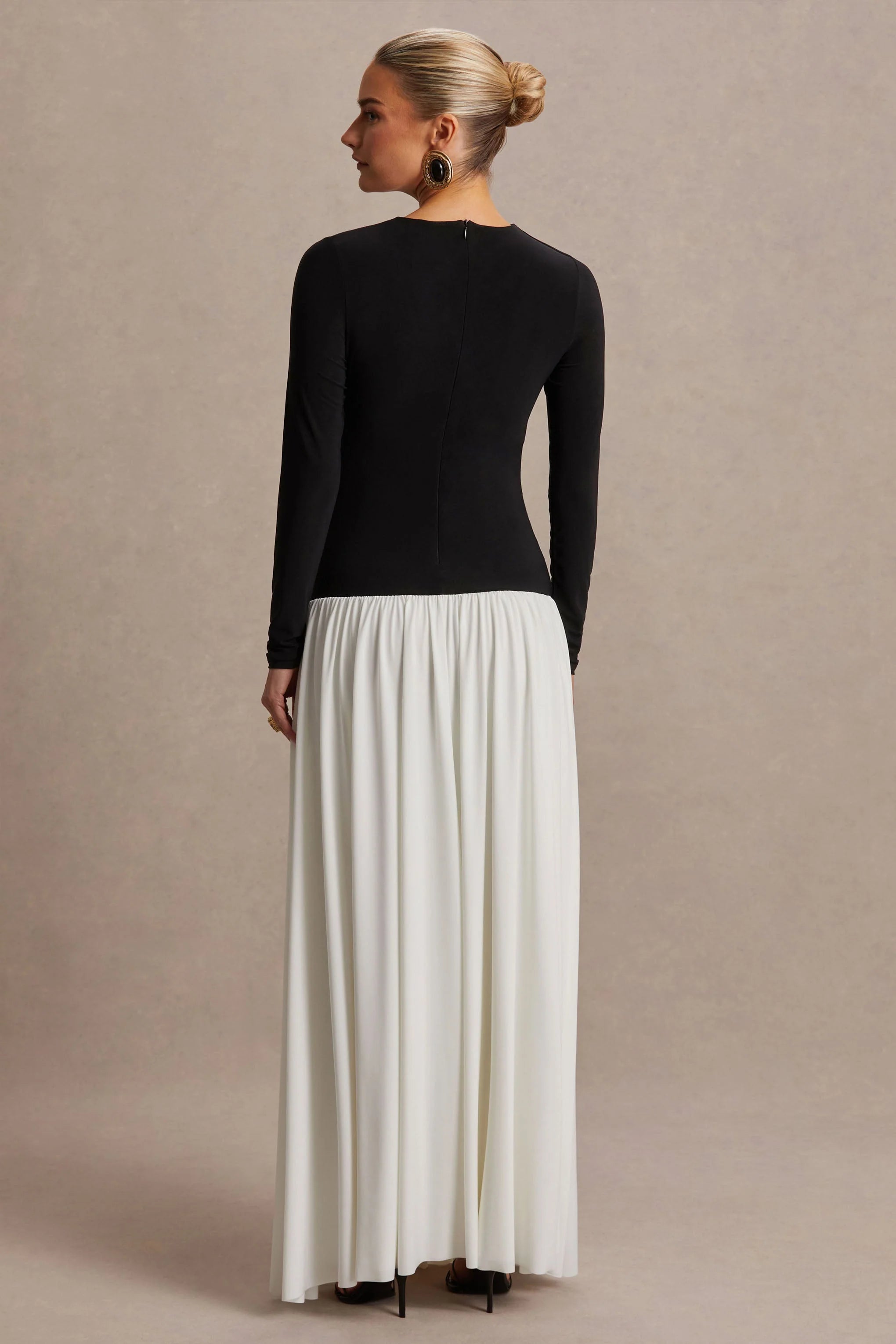 Monroe Black And White Crew Neck Maternity Maxi Dress With Drop Waist