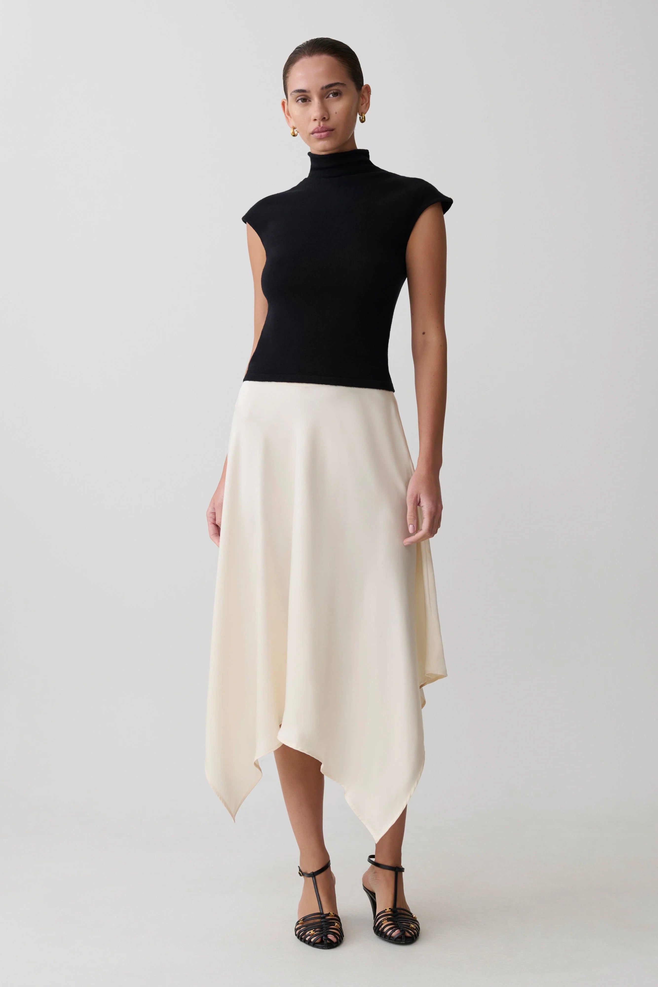 Coralie Asymmetric Satin Midi Skirt Ivory