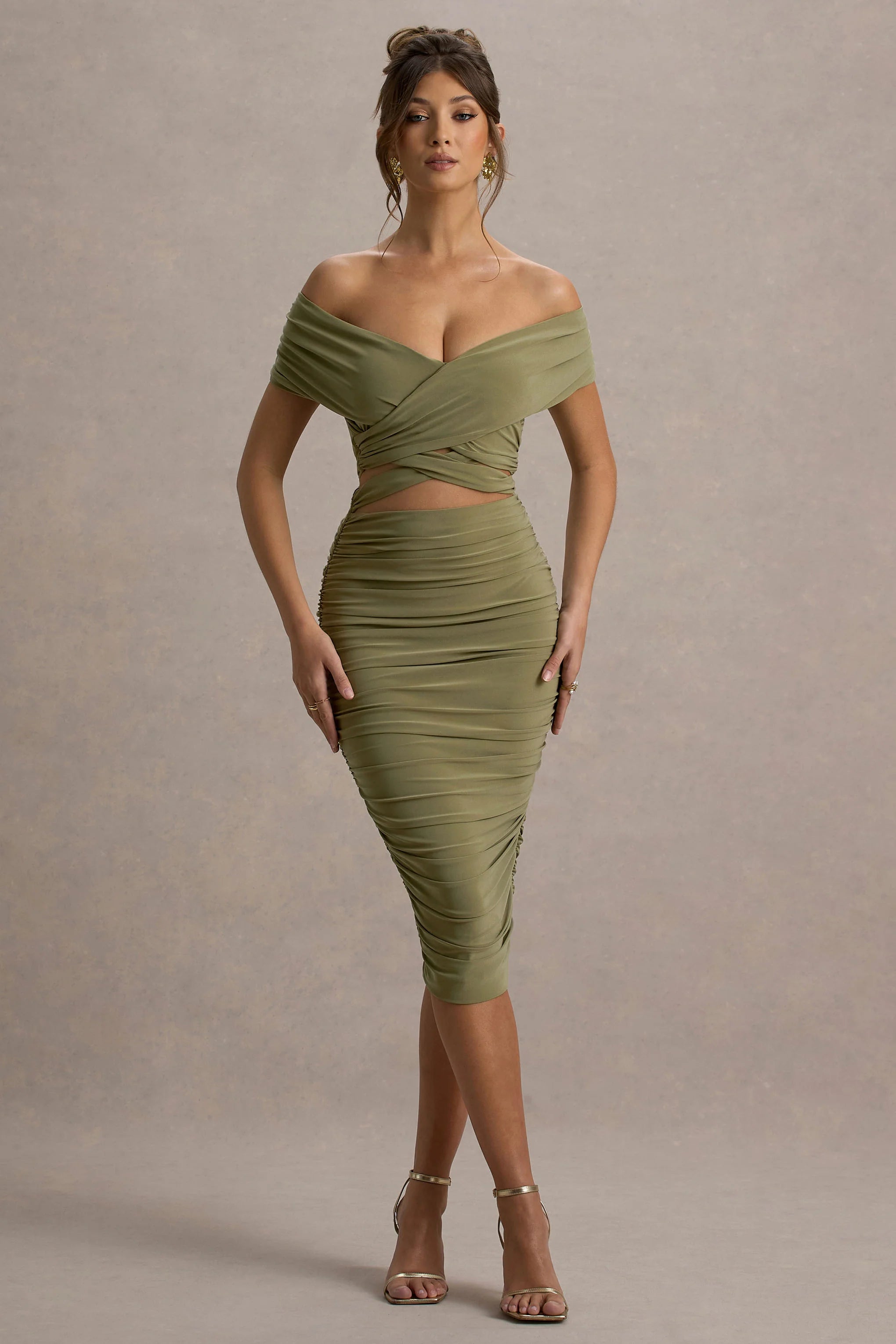 Clovette Olive Ruched Bardot Cut Out Midi Dress