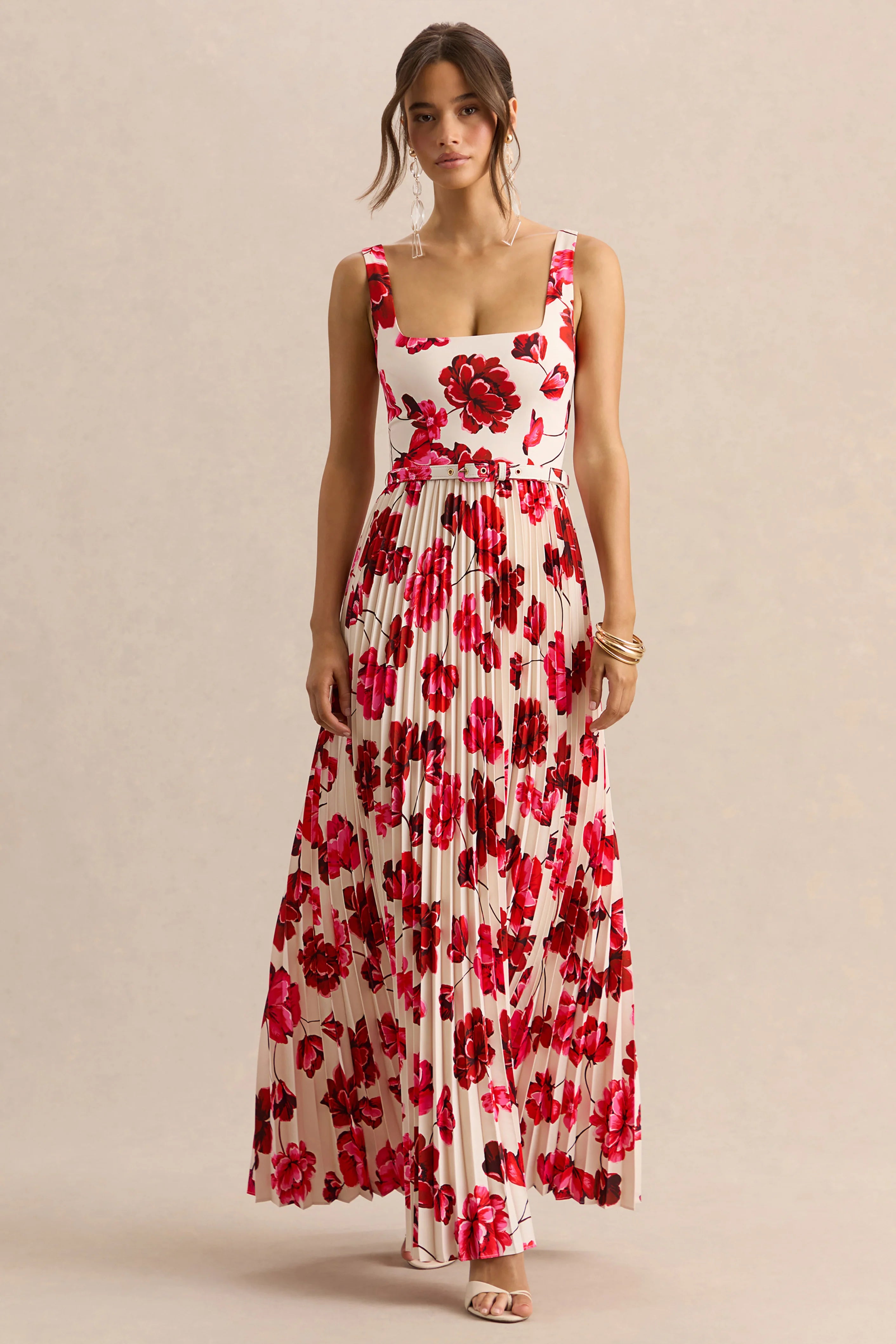 Danika Hot Pink Floral Print Square Neck Belted Maxi Dress With Pleated Skirt