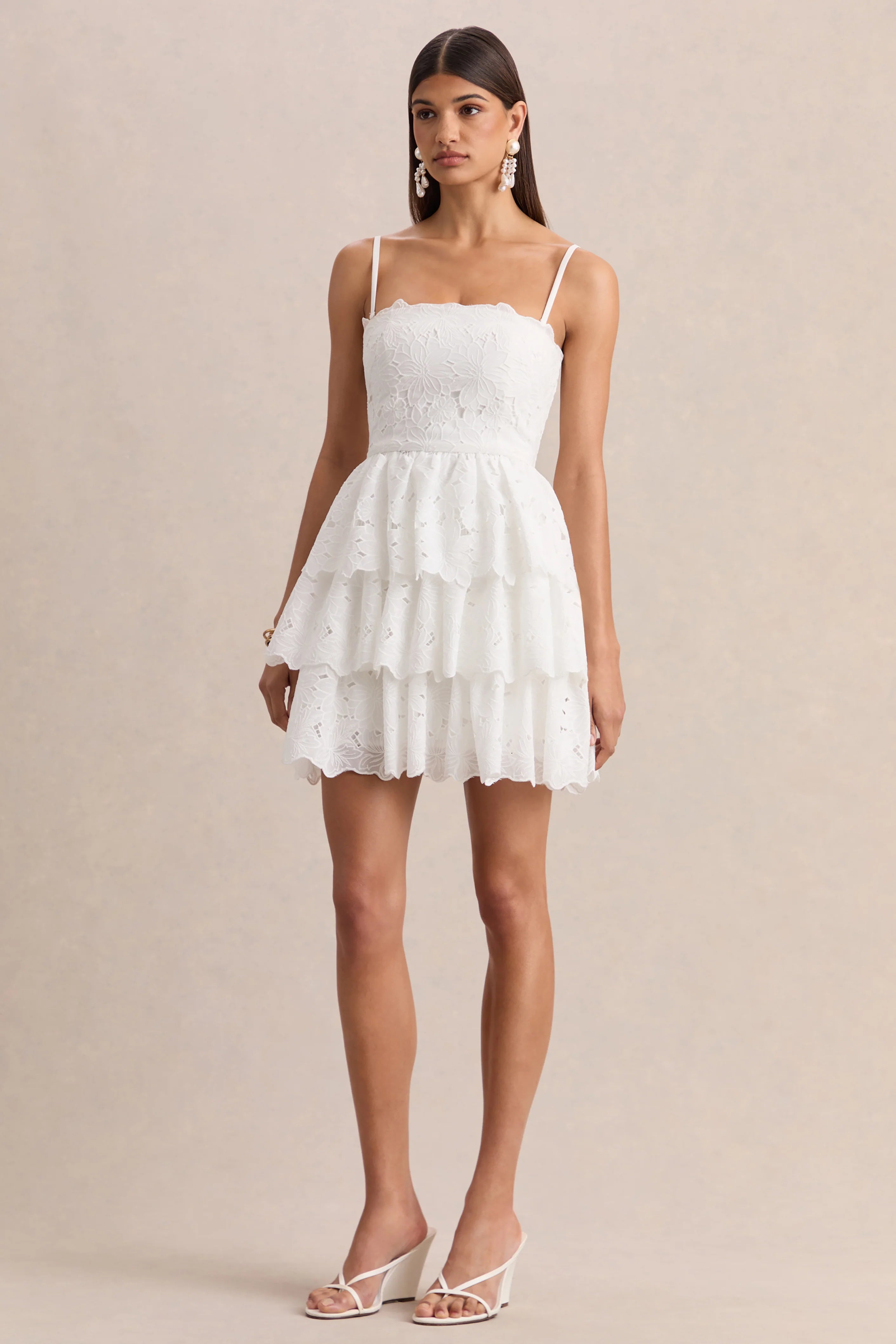 Winona White Lace Square Neck Mini Dress With Ruffled Detailing