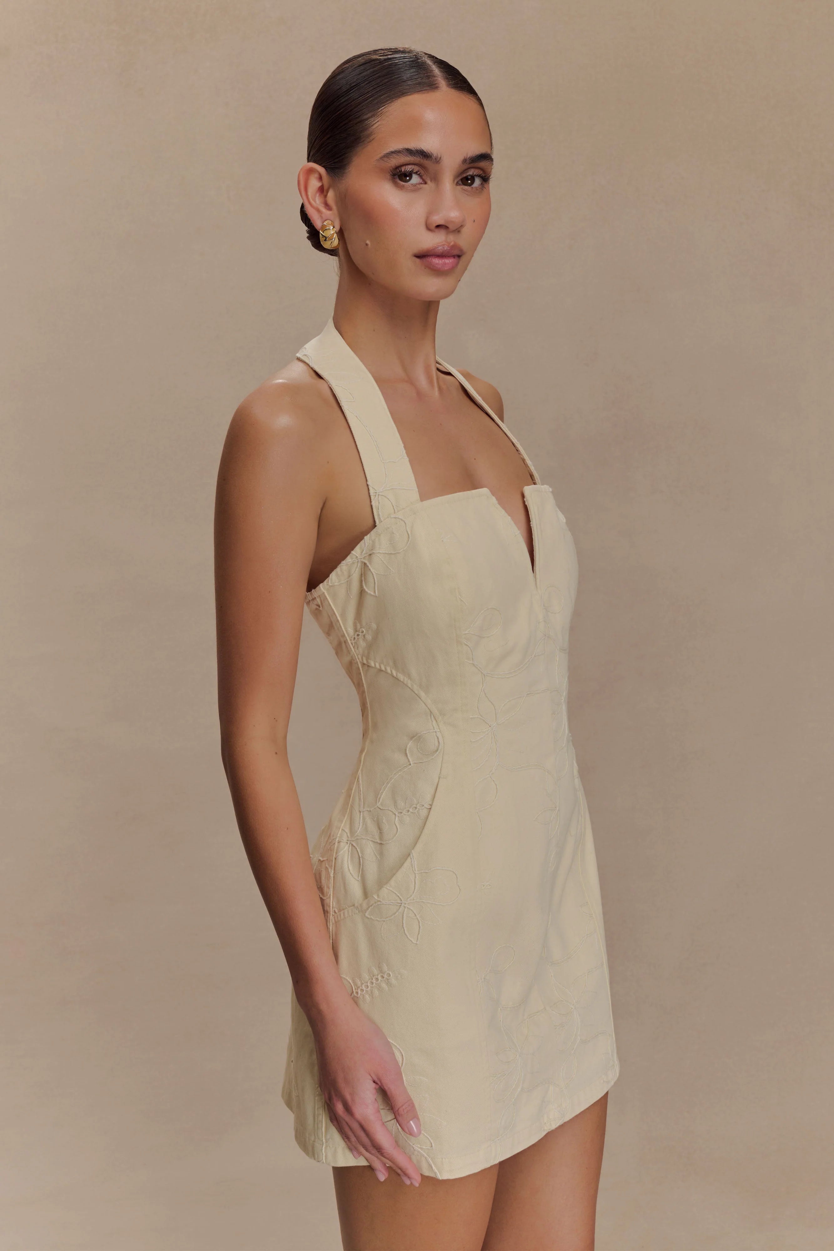 Ebony Embroidered Denim Mini Dress Cream
