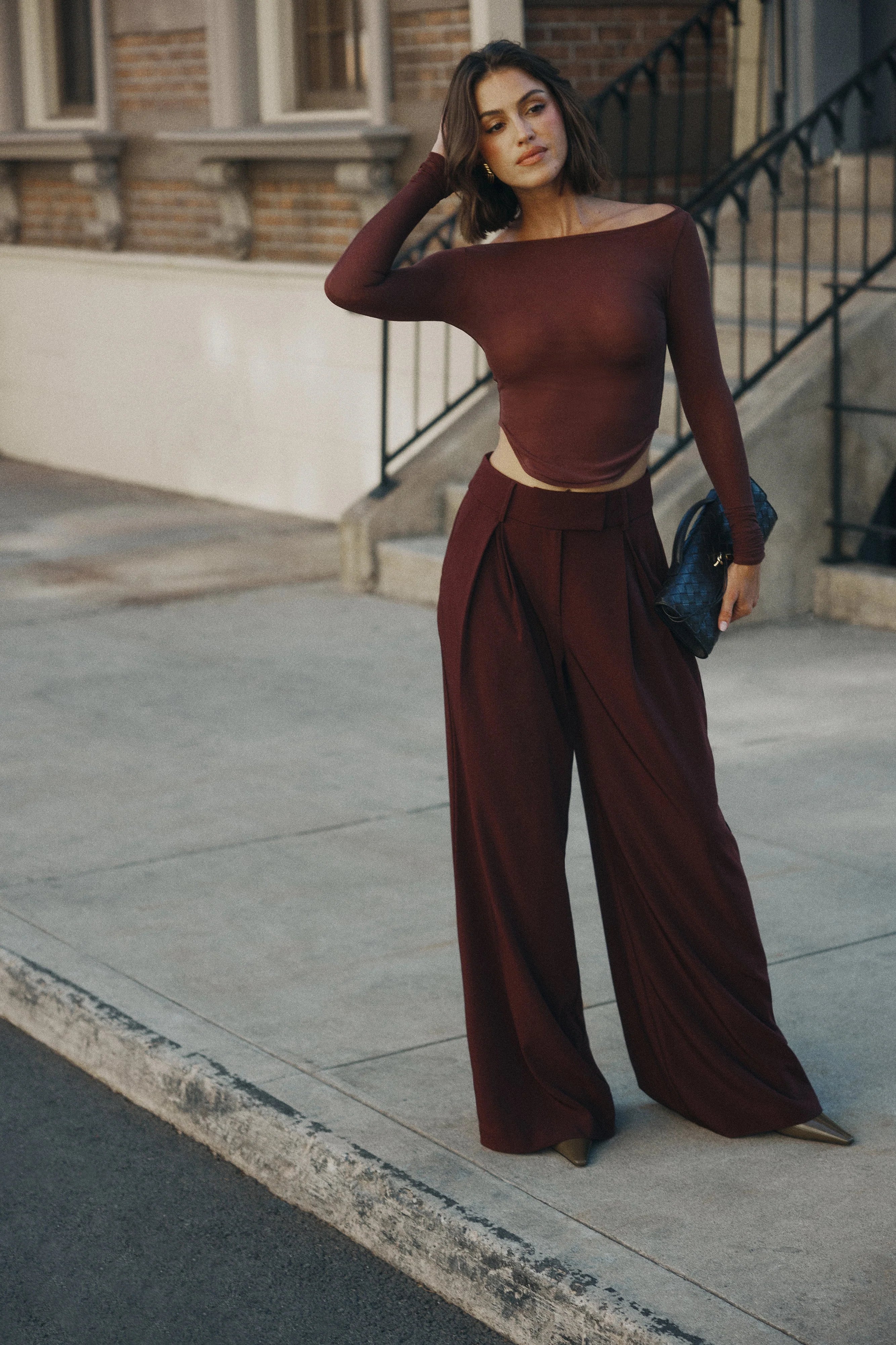 Jacqueline Pleated Wide Leg Pants Mahogany