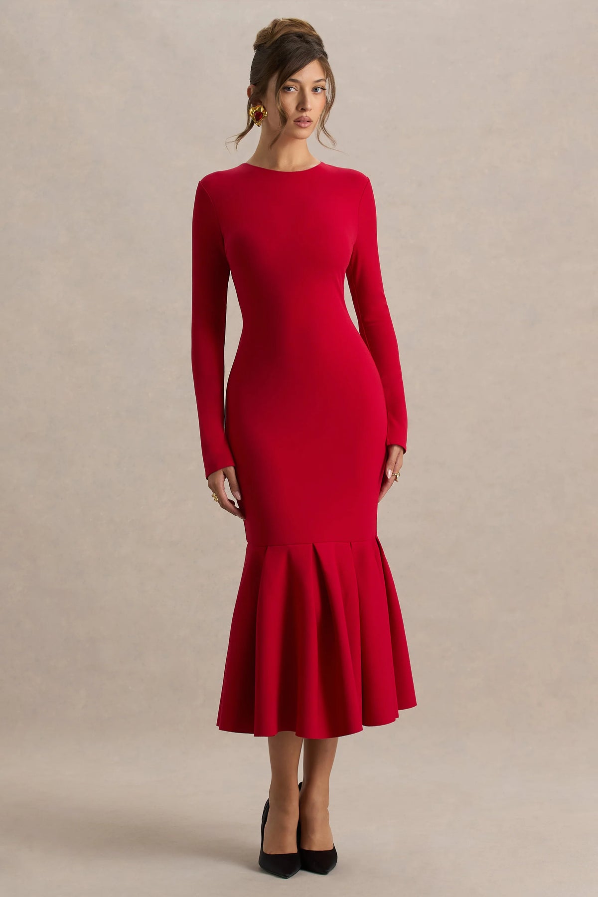 Liberty Red High Neck Mermaid Midi Dress With Ruffling Detail