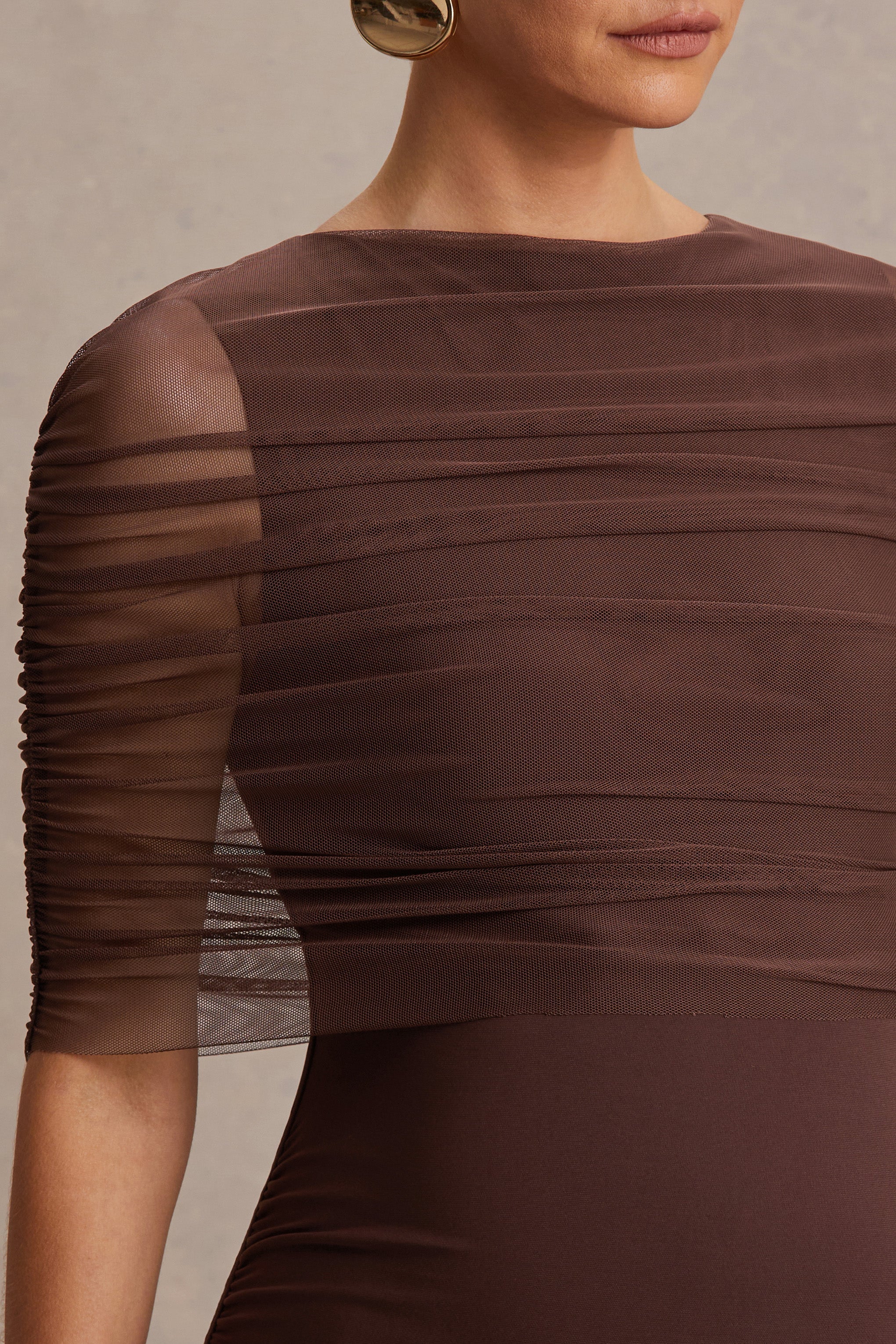 Zaria Brown Crew Neck Maternity Maxi Dress With Cape Overlay