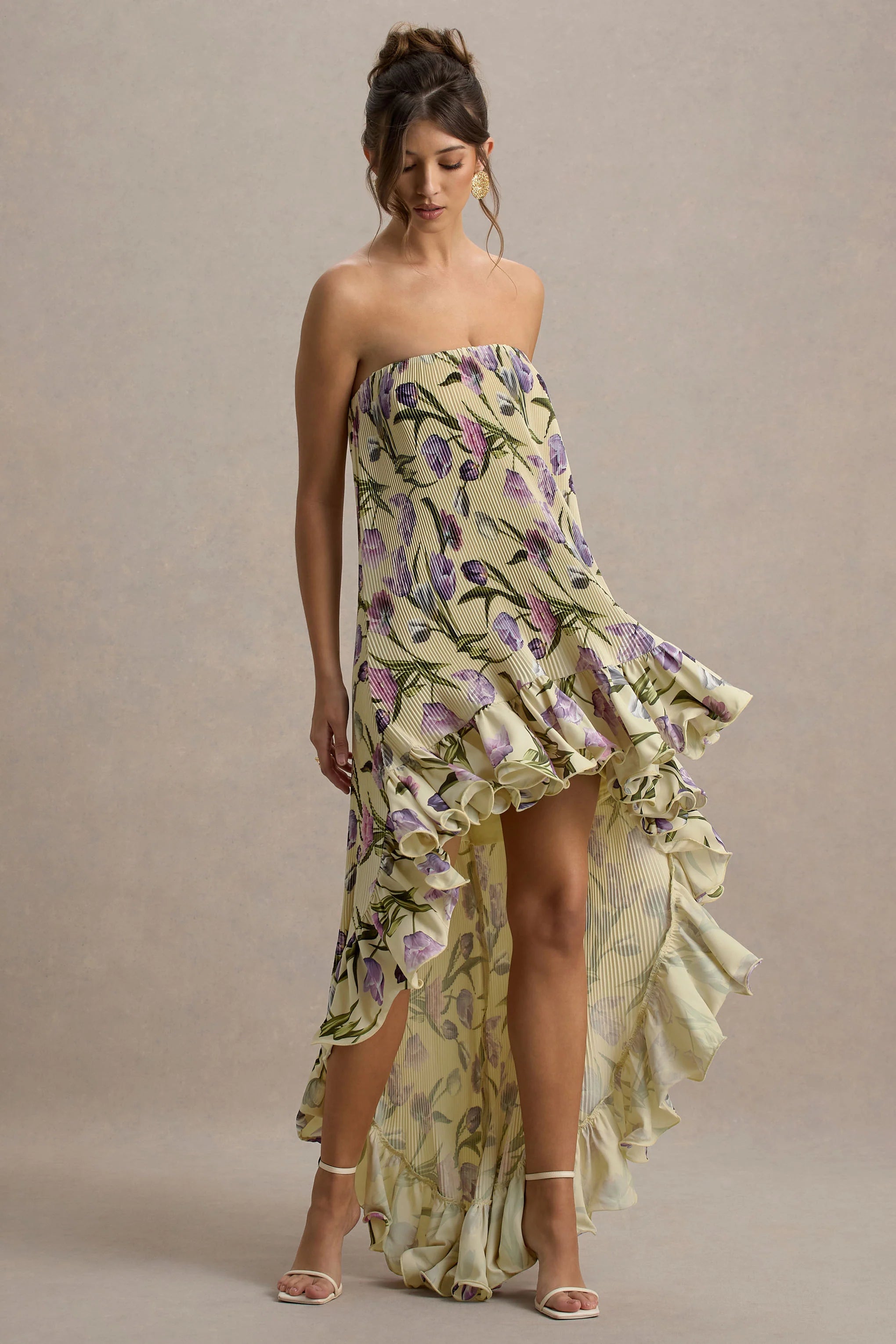 Whistler Tulip Floral Print Chiffon Bandeau High Low Ruffled Maxi Dress
