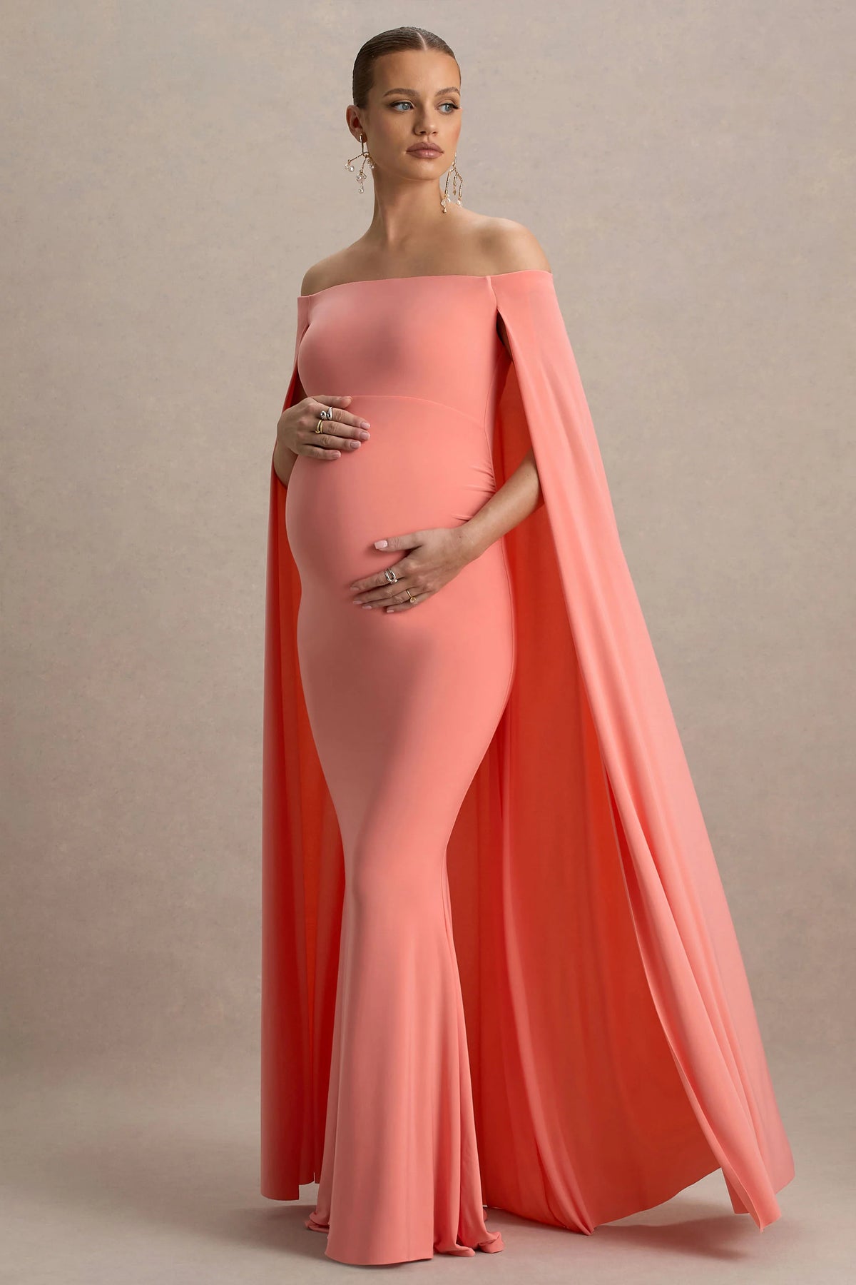 Radiance Coral Bardot Maternity Maxi Dress With Cape
