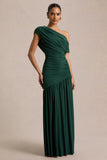 Kady Dark Green Asymmetric Neck Maxi Dress With Ruched Detailing