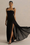 Maeva Black Square Neck Fishtail Maxi Dress With Ruched Detailing