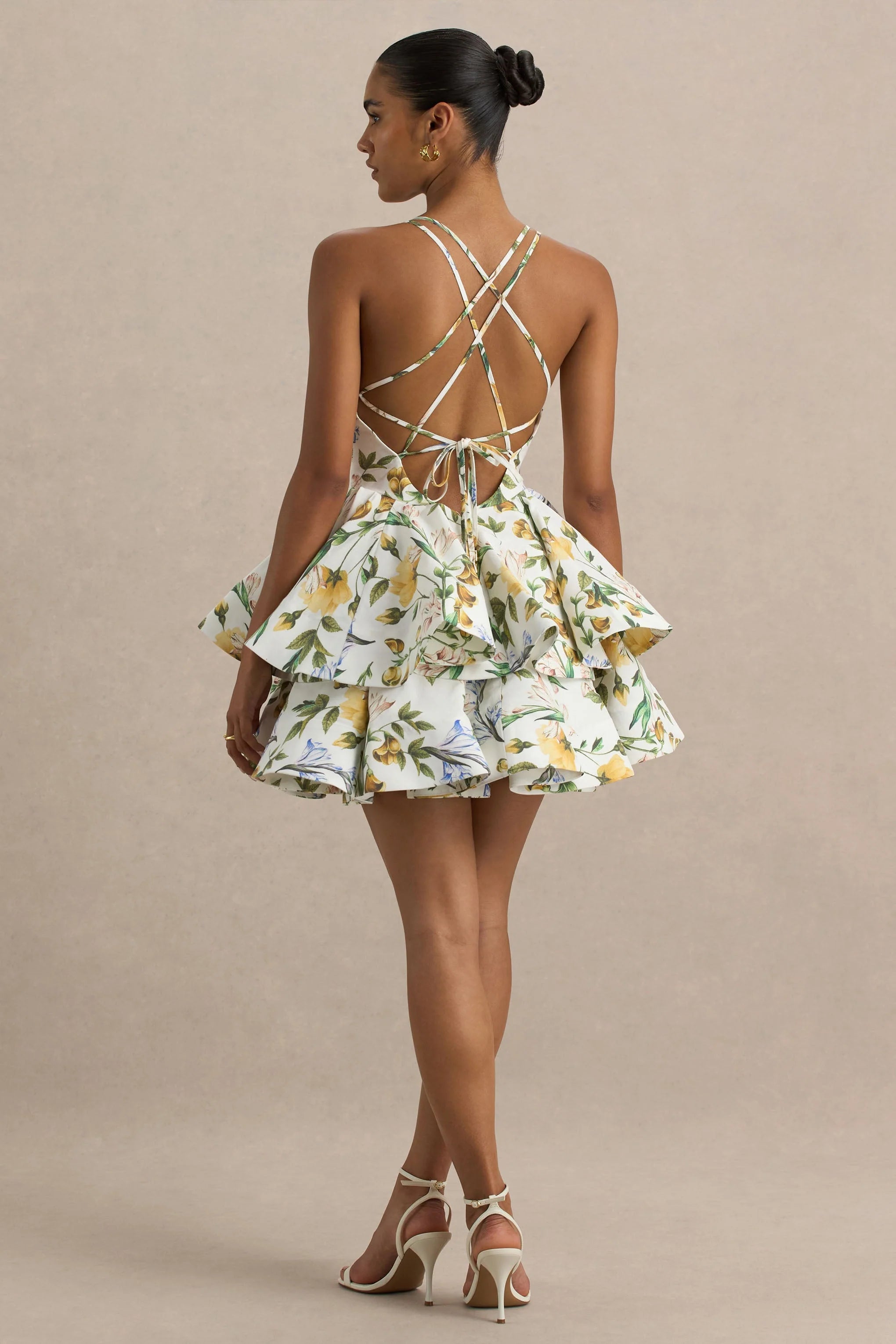 Flavia Lemon Floral Print Plunge Neck Ruffled Skater Micro Mini Dress