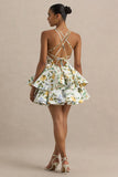 Flavia Lemon Floral Print Plunge Neck Ruffled Skater Micro Mini Dress
