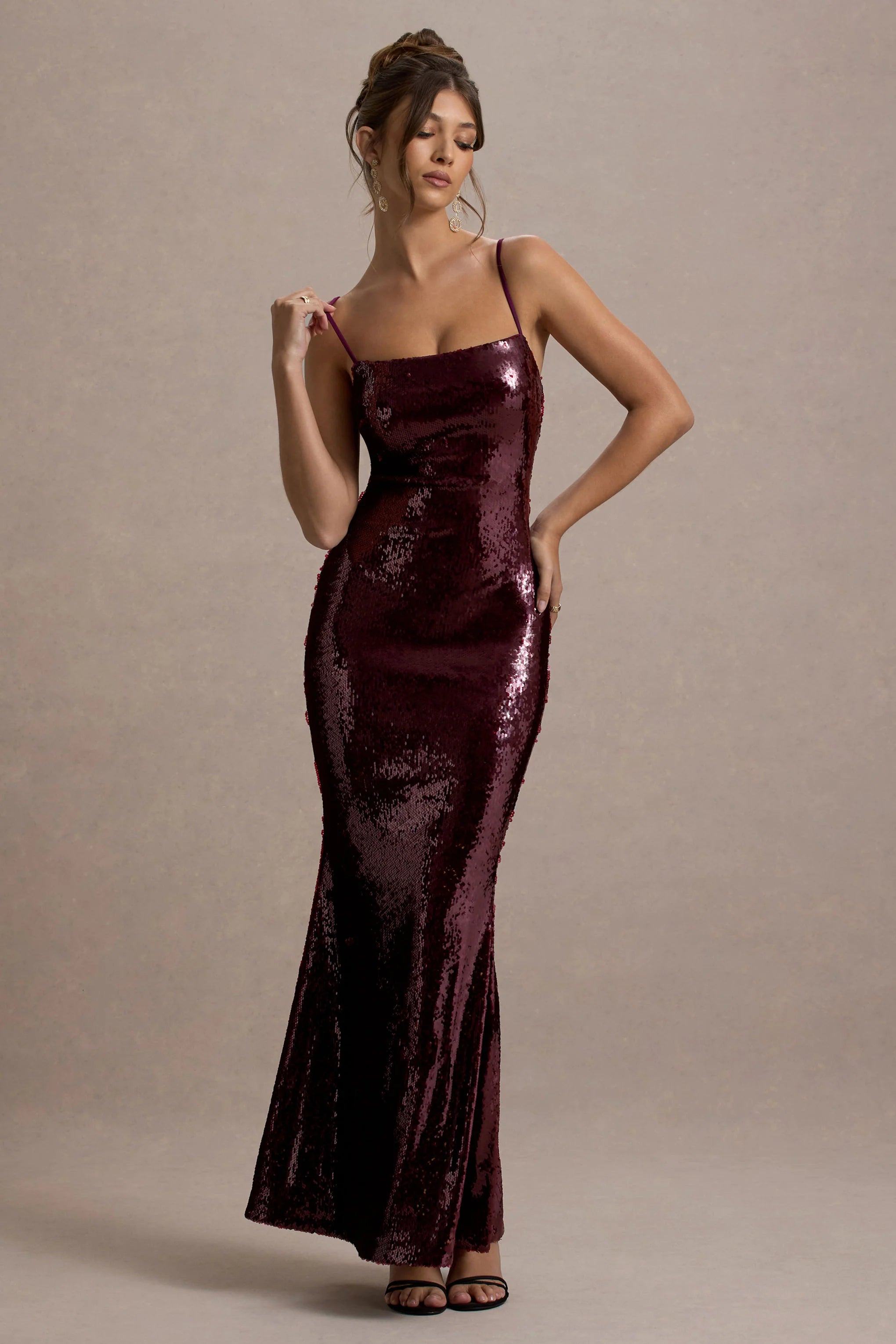 Crystalline Berry Sequin Strappy Maxi Dress