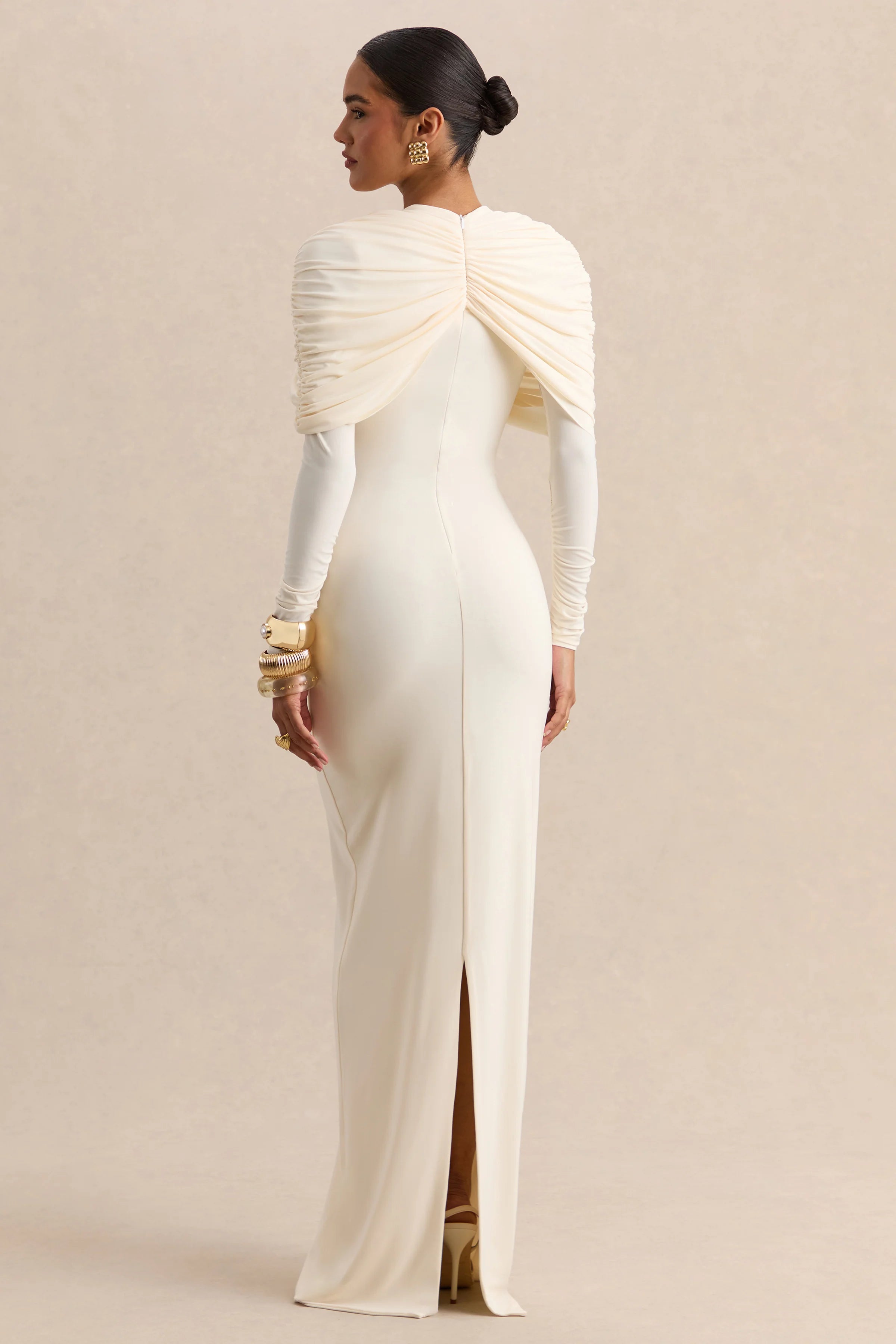 Evessa Cream Crew Neck Maxi Dress With Gathered Detailing