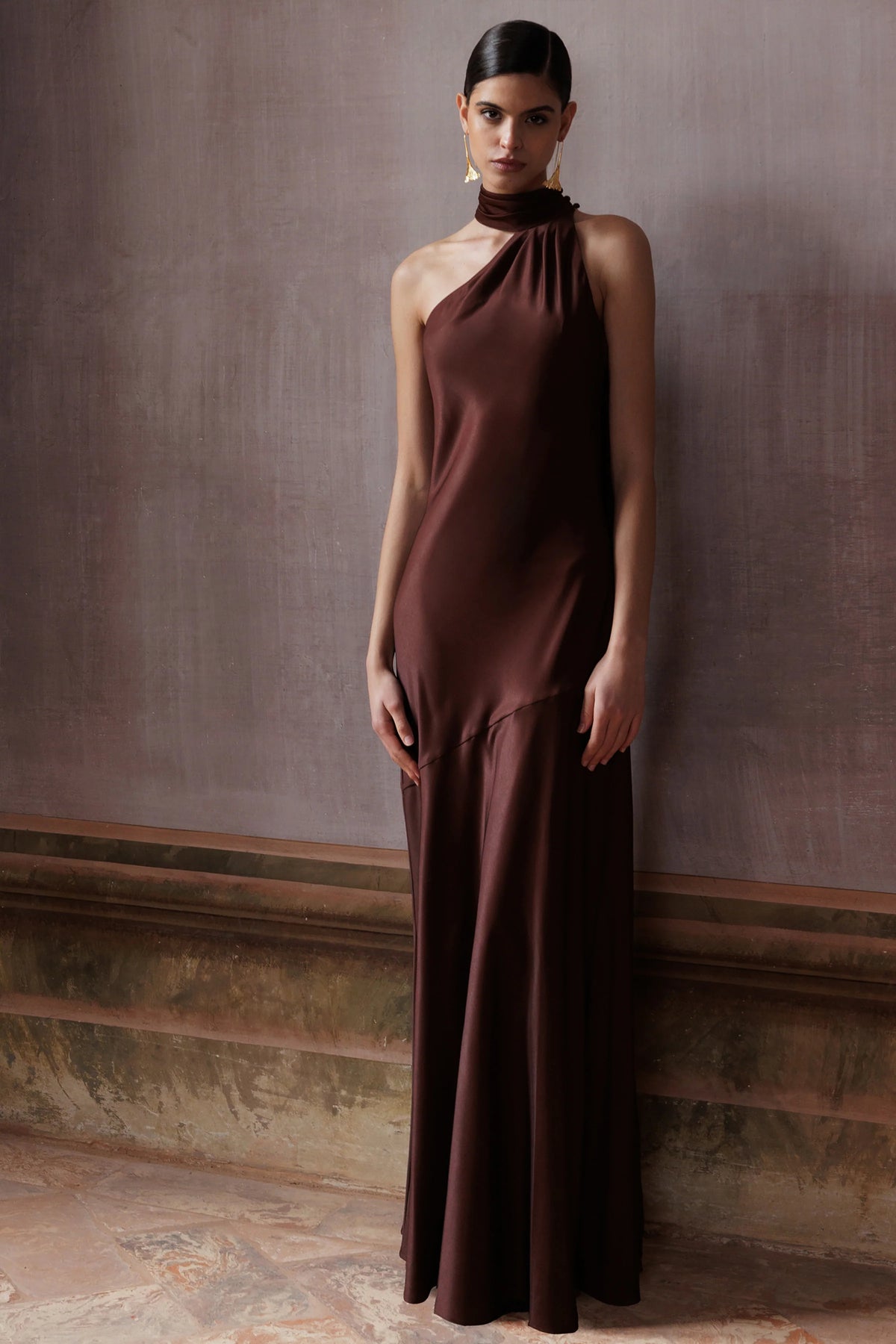 Cara Brown Matte Satin High Neck Maxi Dress