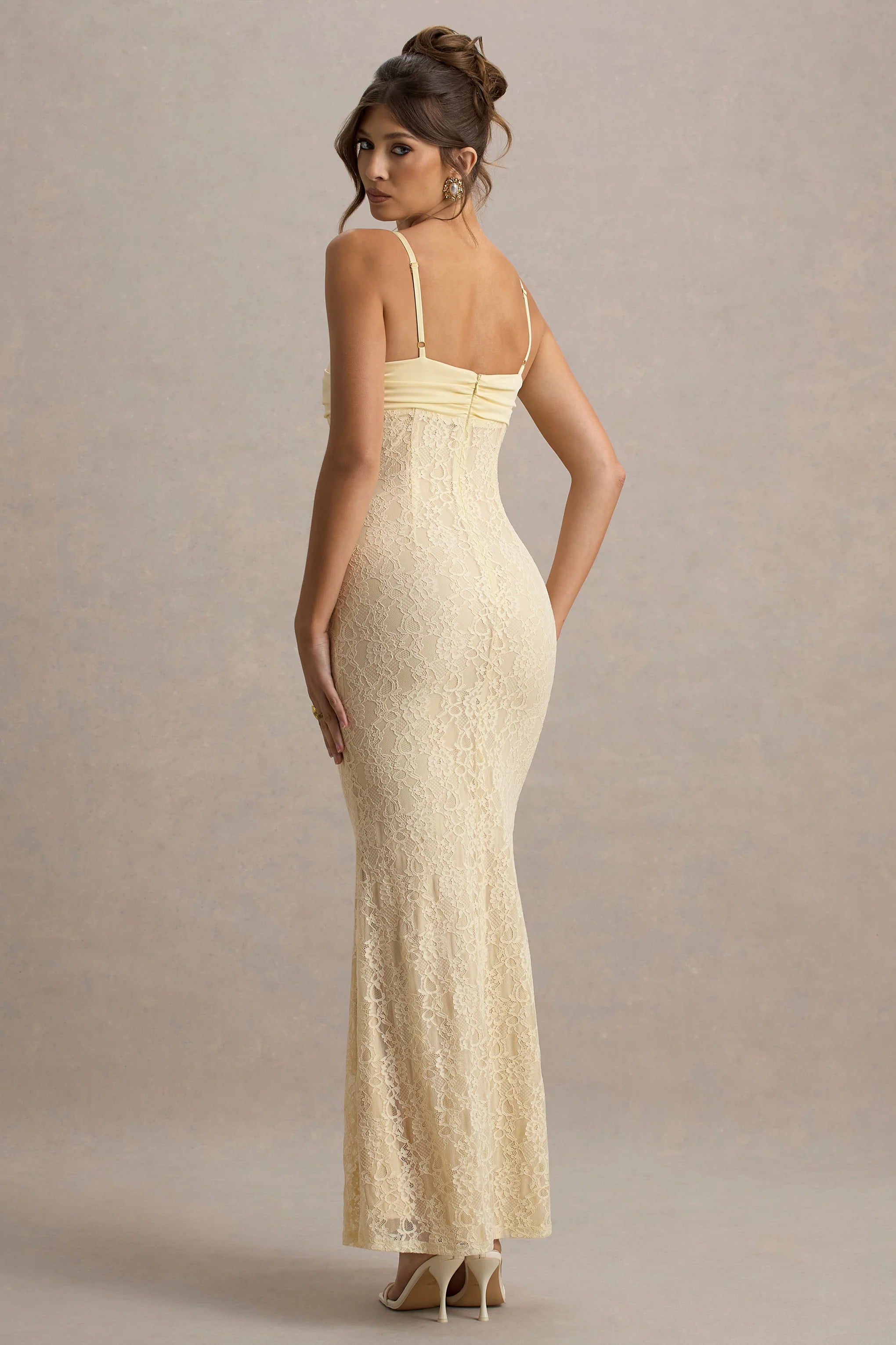 Felicia Pale Lemon Satin Sweetheart Maxi Dress With Lace Details