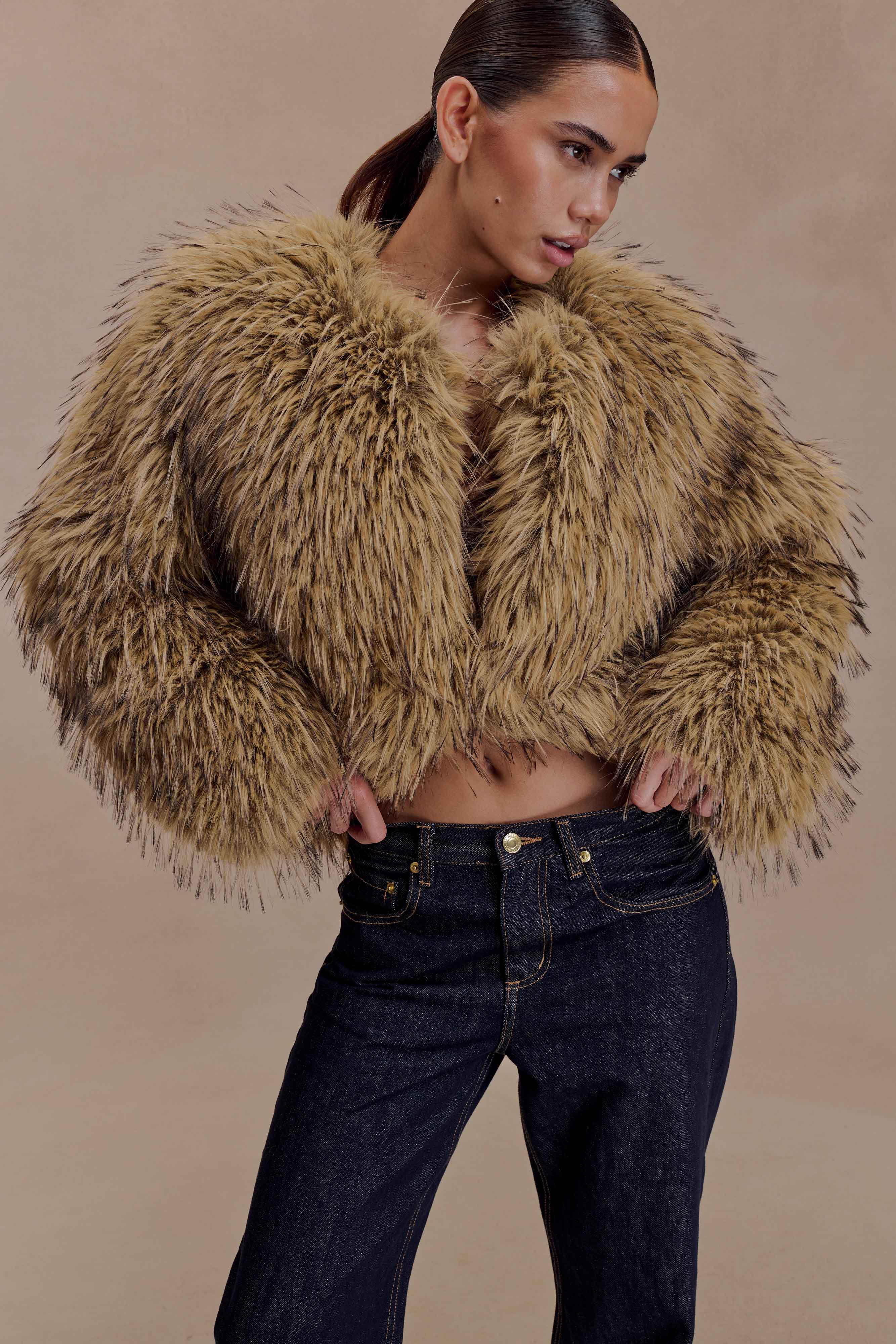 Ottie Mongolian Faux Fur Cropped Jacket Brown Multi