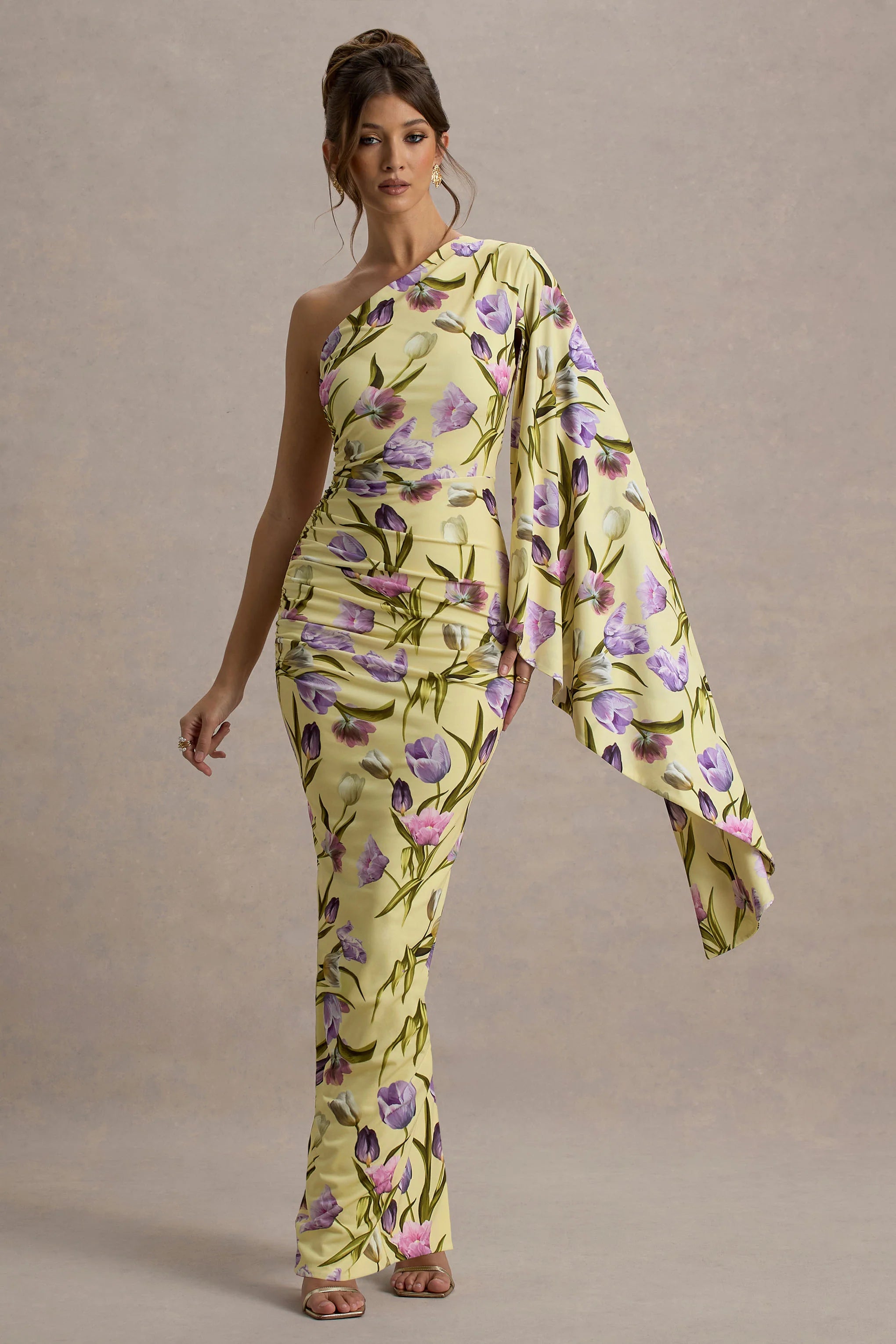 Clementina Tulip Floral Print Asymmetric Cape Sleeve Maxi Dress