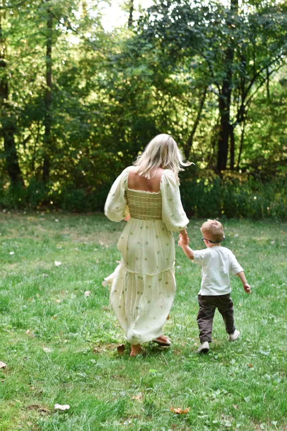 Women Floral Embroidered Maxi Dress Long Puff Sleeve Square Neck Bohemian Flowy Dress with Pockets Summer Fall