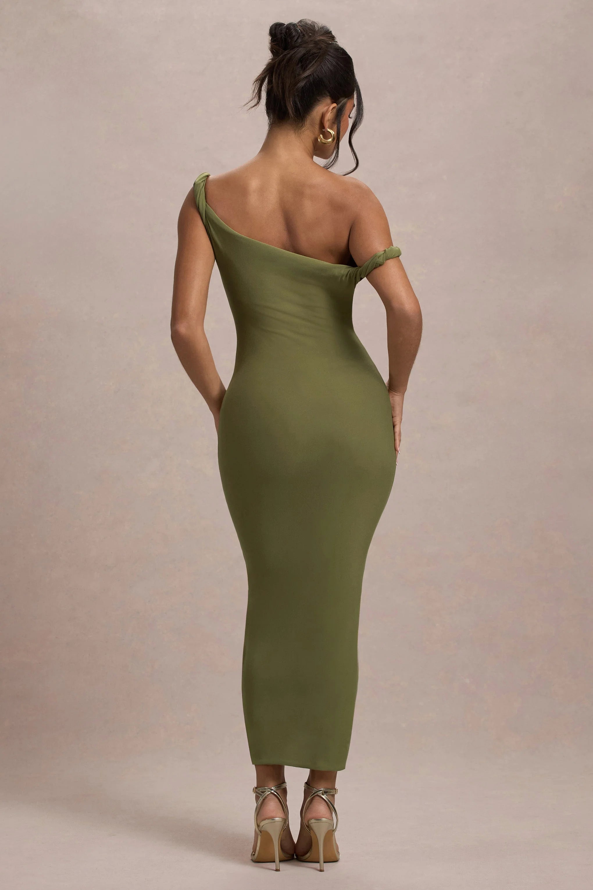 Salome Olive Twisted Asymmetric Midi Dress