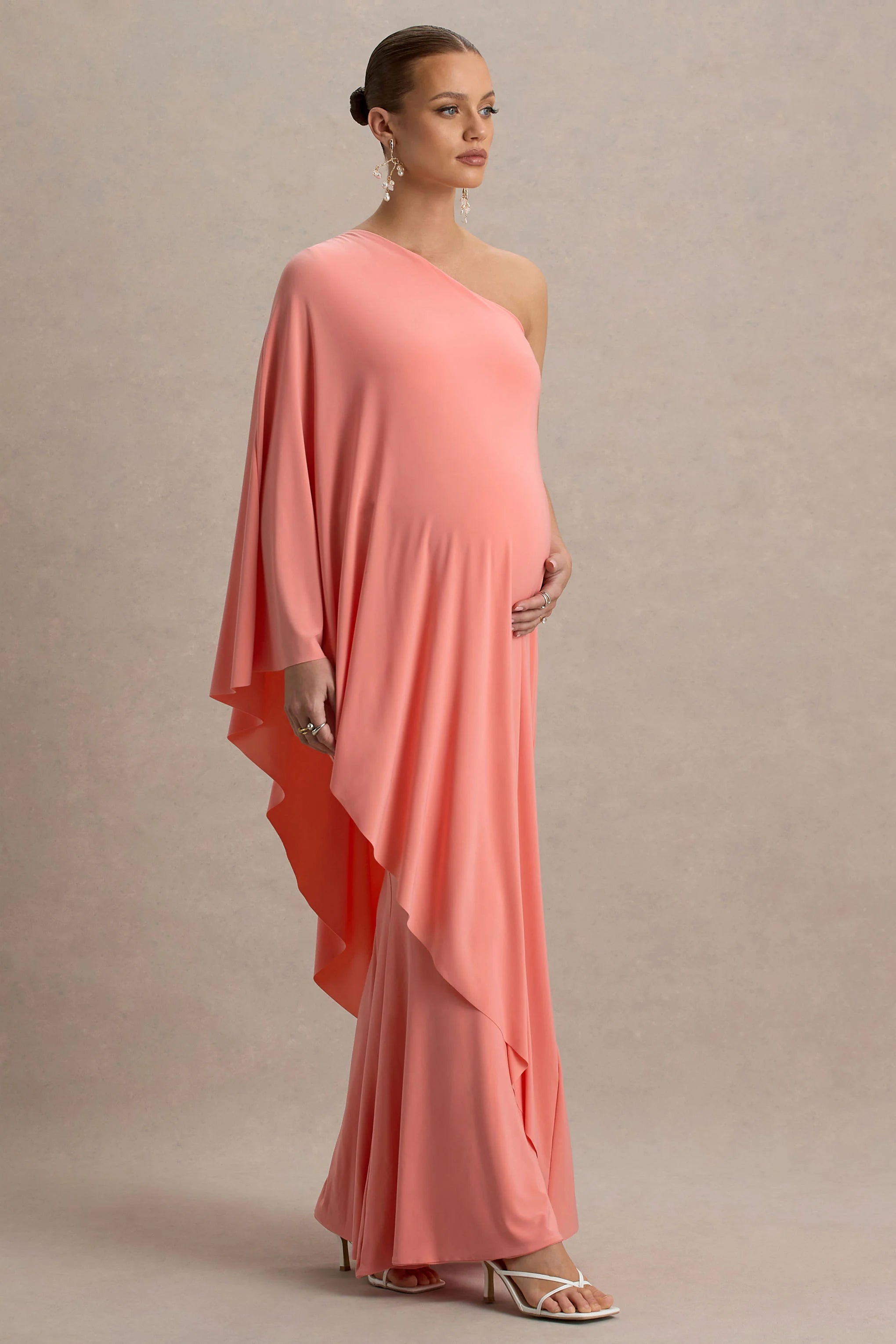 Waves Coral Asymmetric Maternity Maxi Dress With One Sleeve Cape