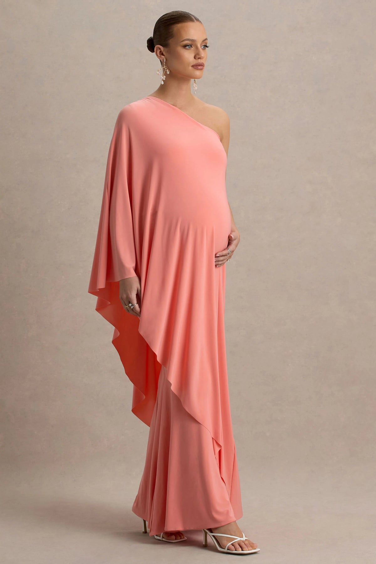 Waves Coral Asymmetric Maternity Maxi Dress With One Sleeve Cape