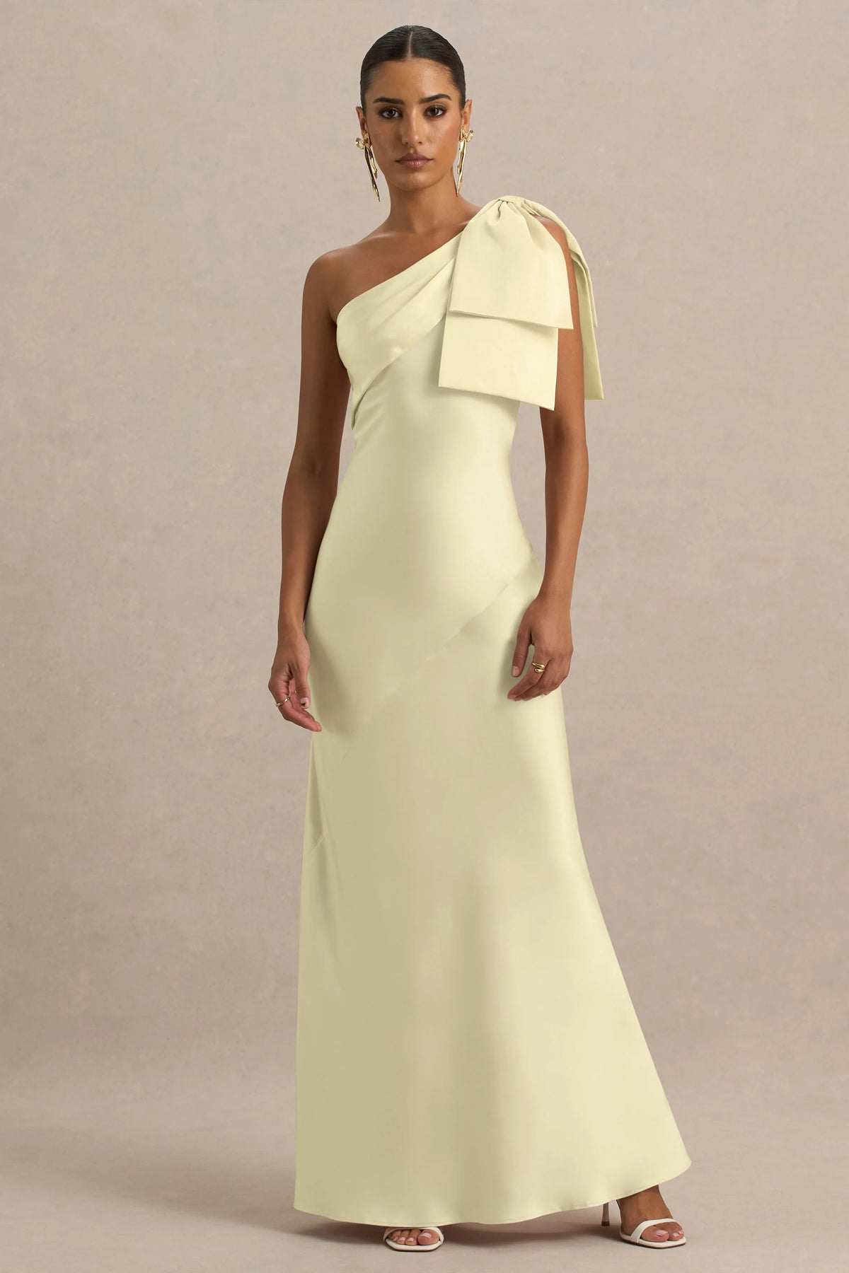 Valerie Lemon Satin Asymmetric Neck Maxi Dress With Bow Detail