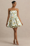 Valerian Lemon Floral Print Bandeau Mini Dress With Ruffle Hem