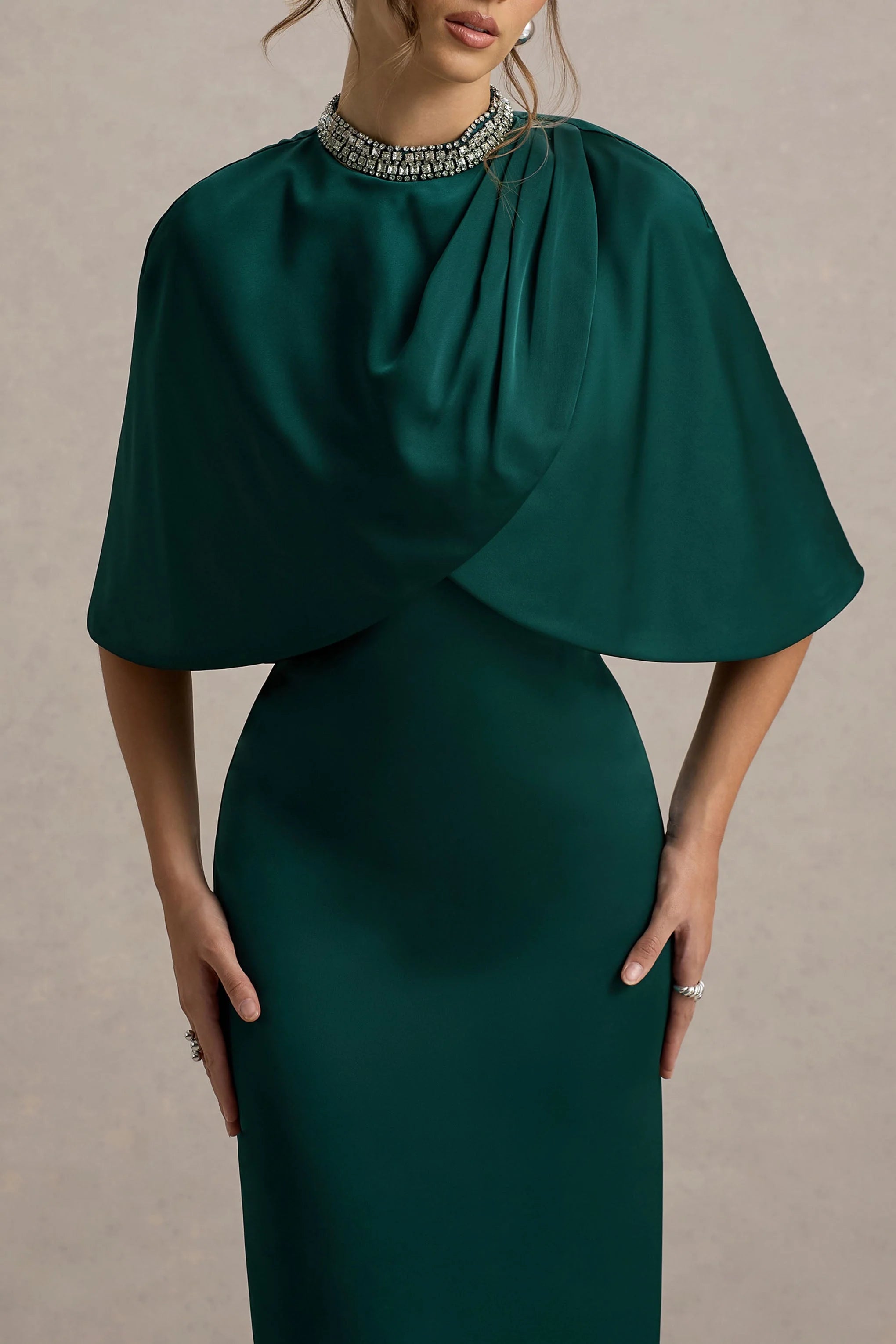 Diletta Bottle Green Cape Maxi Dress