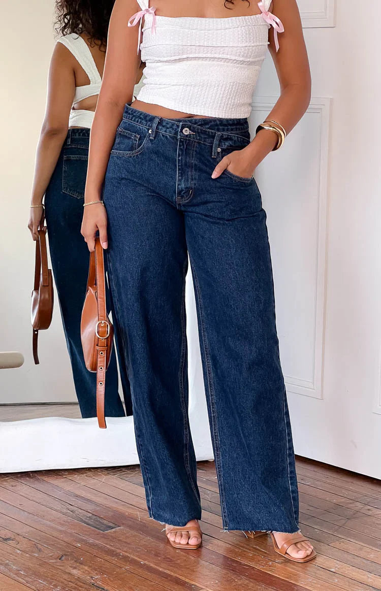 Kansis Dark Blue Uneven Waist Jeans