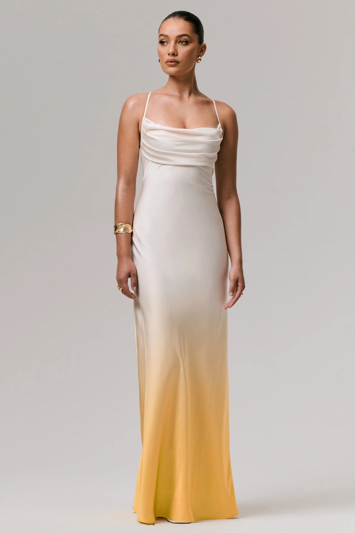 Lucie Yellow Ombre Satin Cowl Neck Maxi Dress