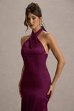 Sansa Burgundy Satin Cross Halter Neck Plisse Maxi Dress