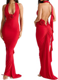 Women Sexy Backless Dress Halter Deep V Neck Detachable Flower Sleeveless Open Back Maxi Dress Cocktail Prom Formal Dresses