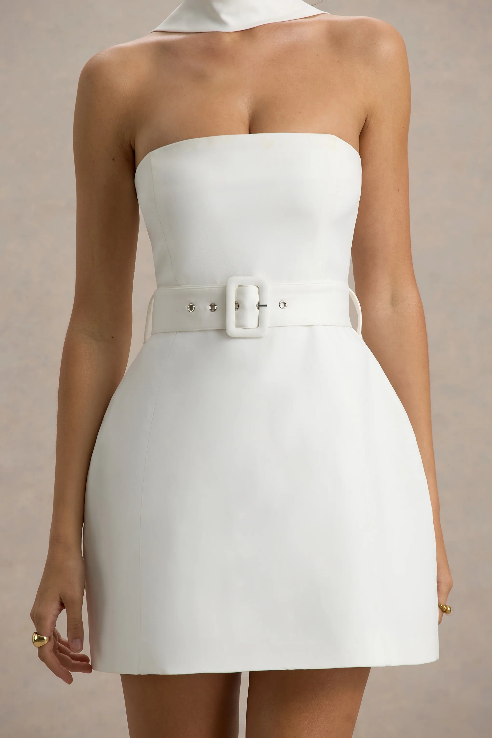 Timberly White High Neck Tailored Micro Mini Dress