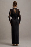 Alder Black Mesh Long Sleeve Ruffled Split Maxi Dress