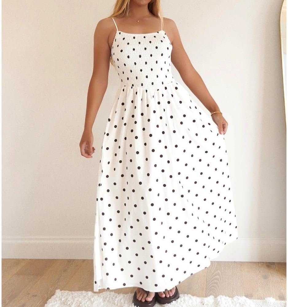Women Polka Dot Maxi Dress Smocked Spaghetti Strap Flowy Sundress Summer Beach Vacation