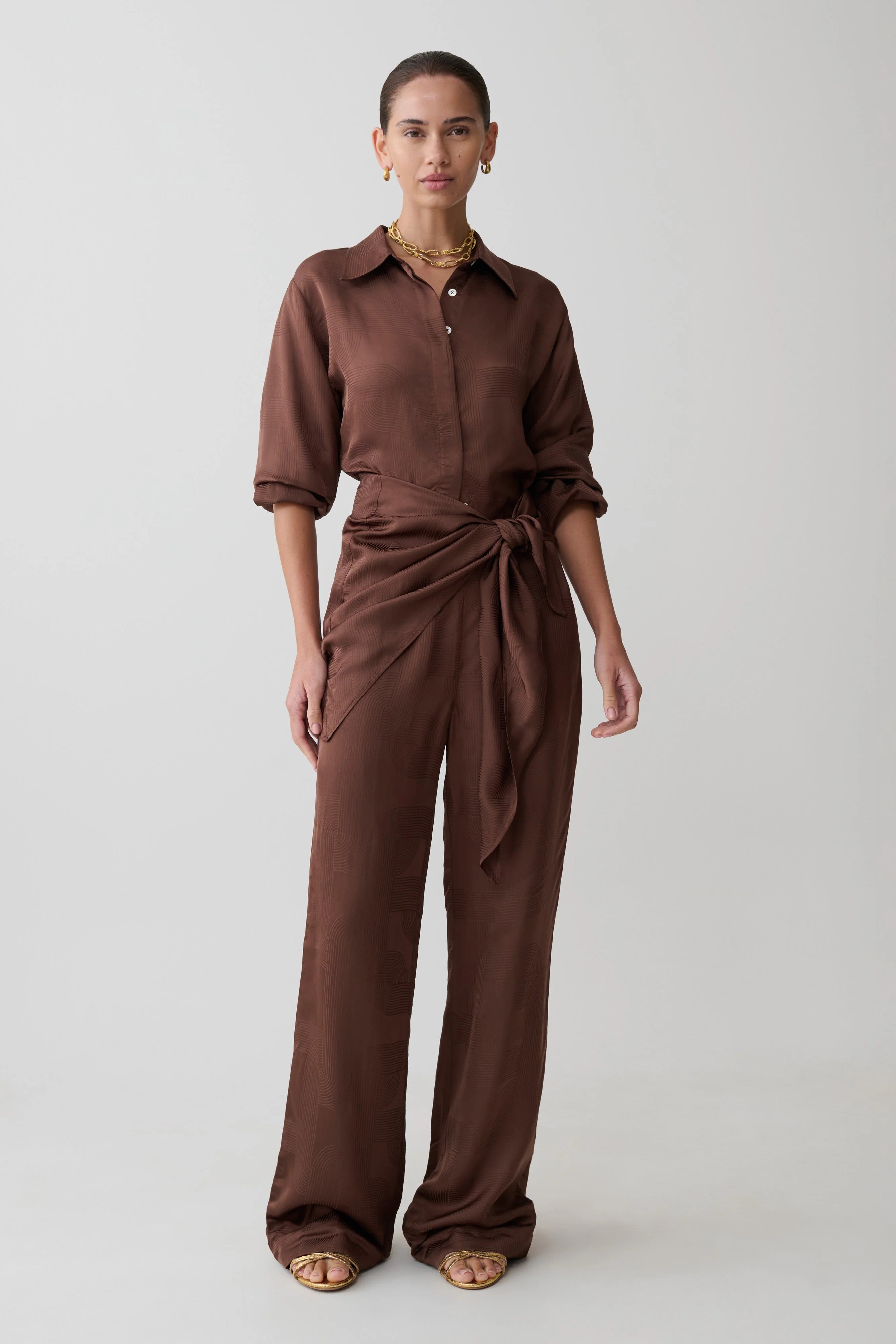 Gia Wrapped Tie Satin Pants Chocolate