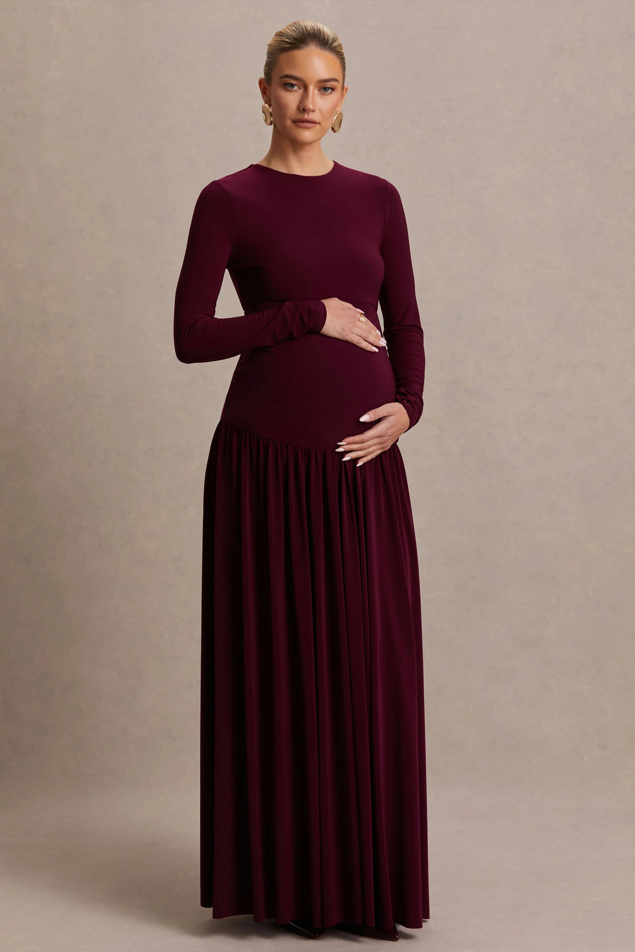Monroe Burgundy Crew Neck Maternity Maxi Dress With Drop Waist