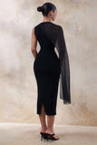 Caloria Black Asymmetric Neck Midi Dress With Mesh Cape