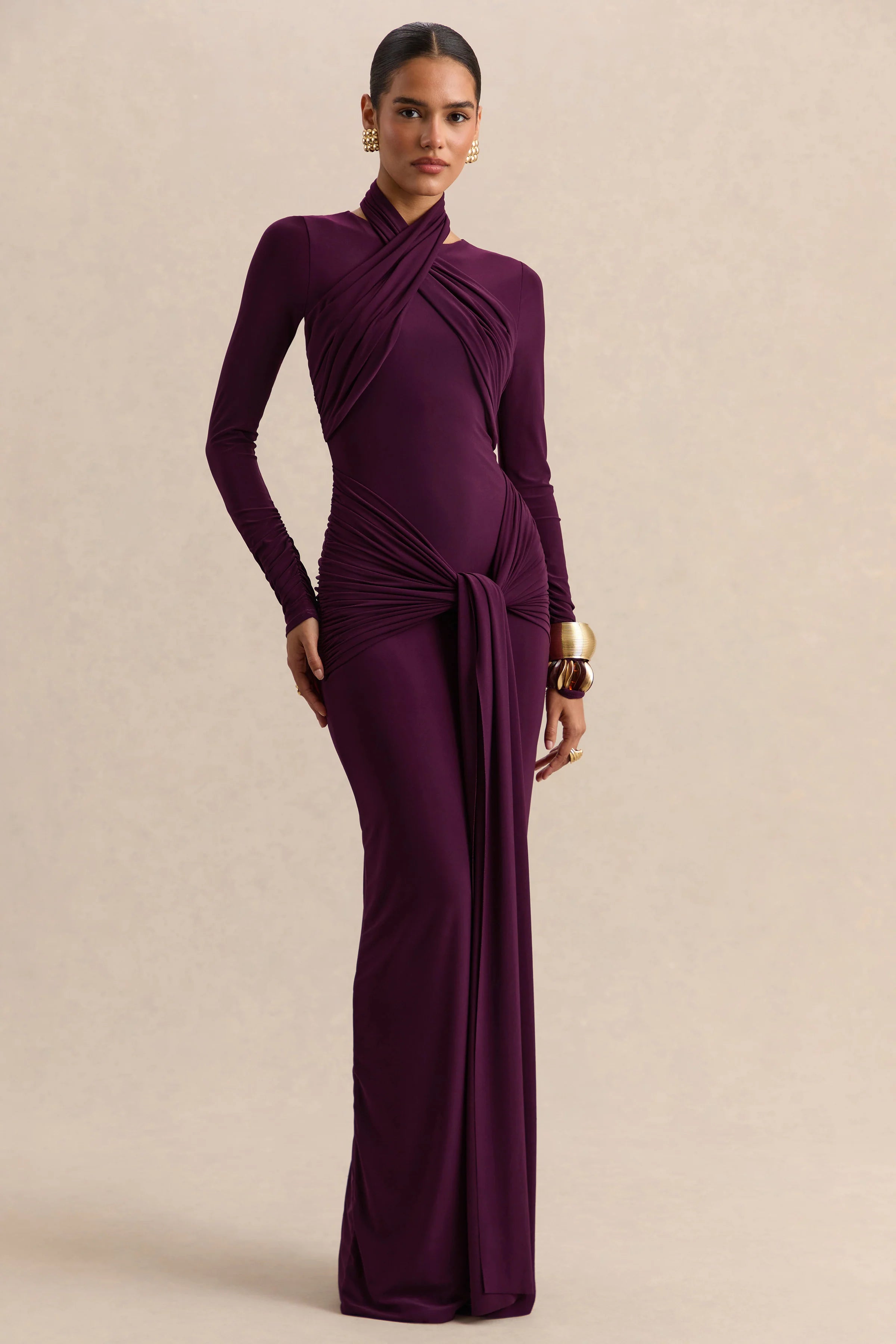 Linessa Dark Plum High Neck Maxi Dress With Sash And Gathered Detailing