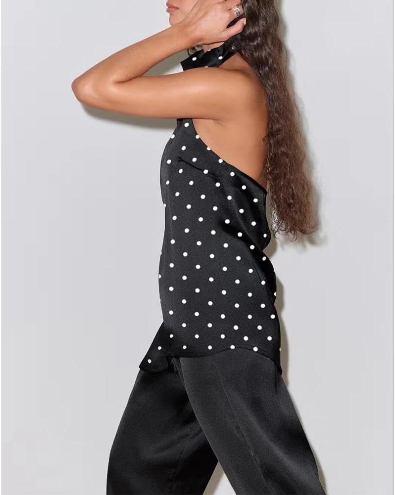Women Polka Dot Satin Halter Top Backless Side Slit Tank Tops Going Out Clubwear