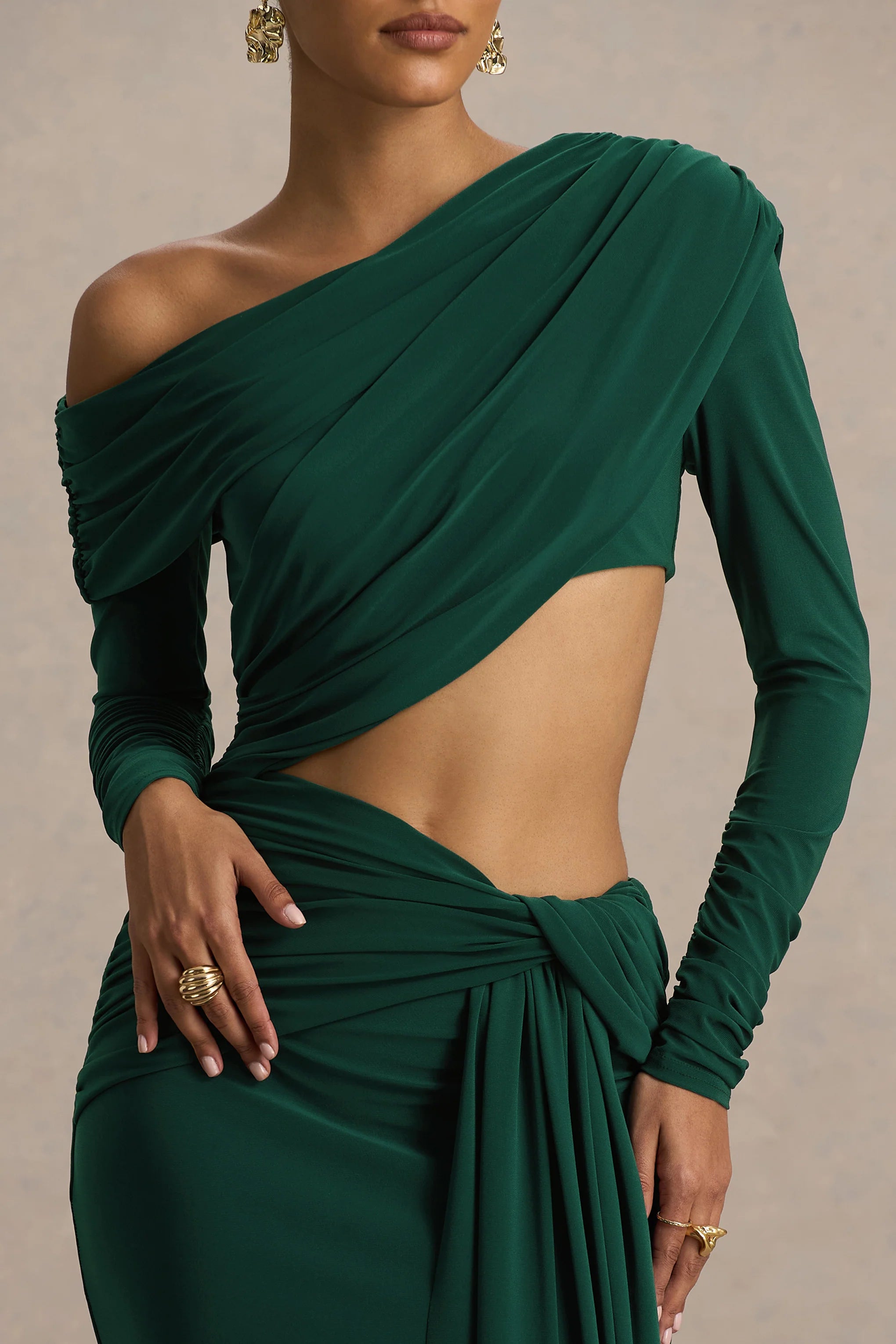 Mikayla Dark Green Asymmetric Neck Wrap Maxi Dress With Body Cut Out And Ruched Detailing