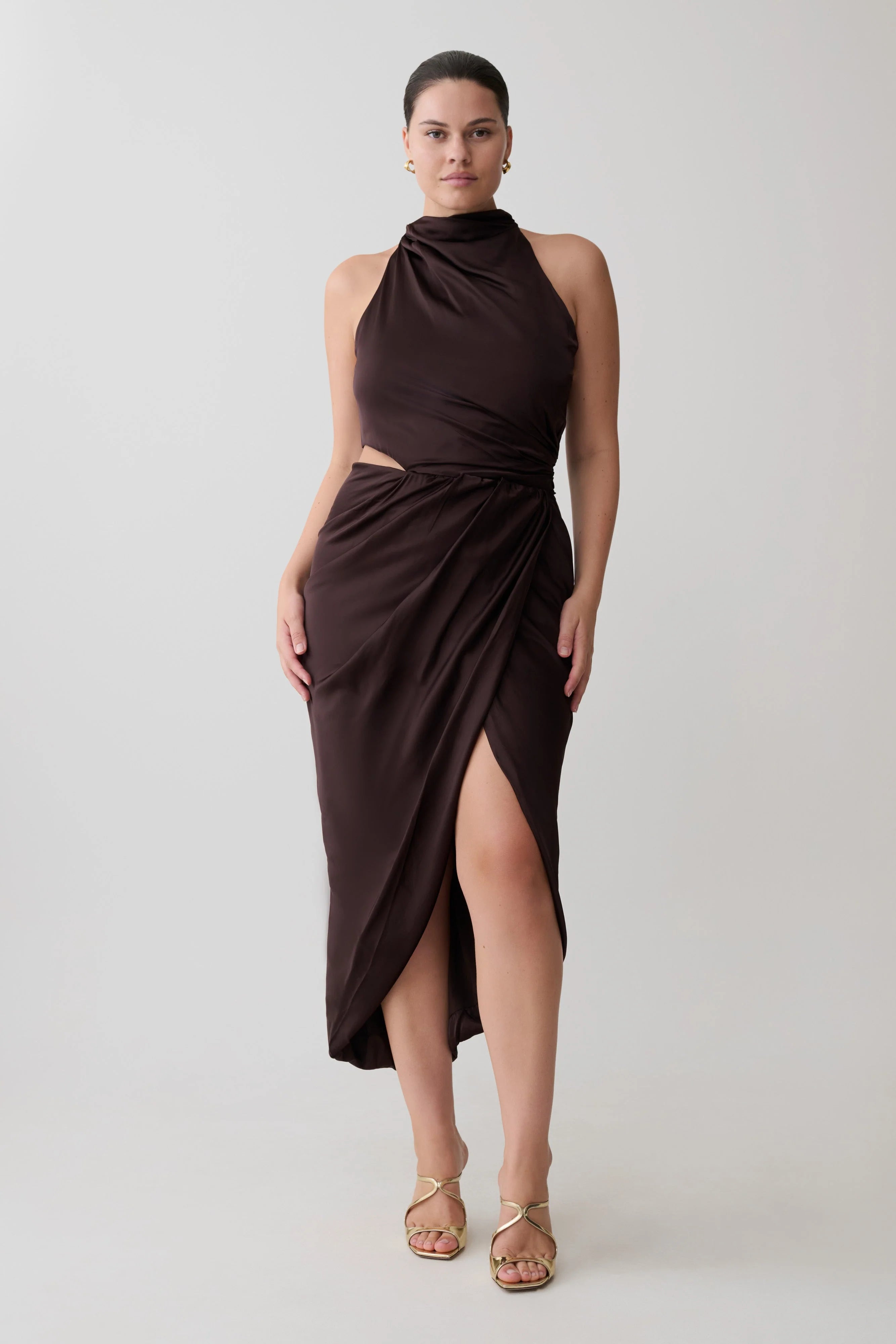 Aveline Draped Halter Midi Dress Dark Chocolate