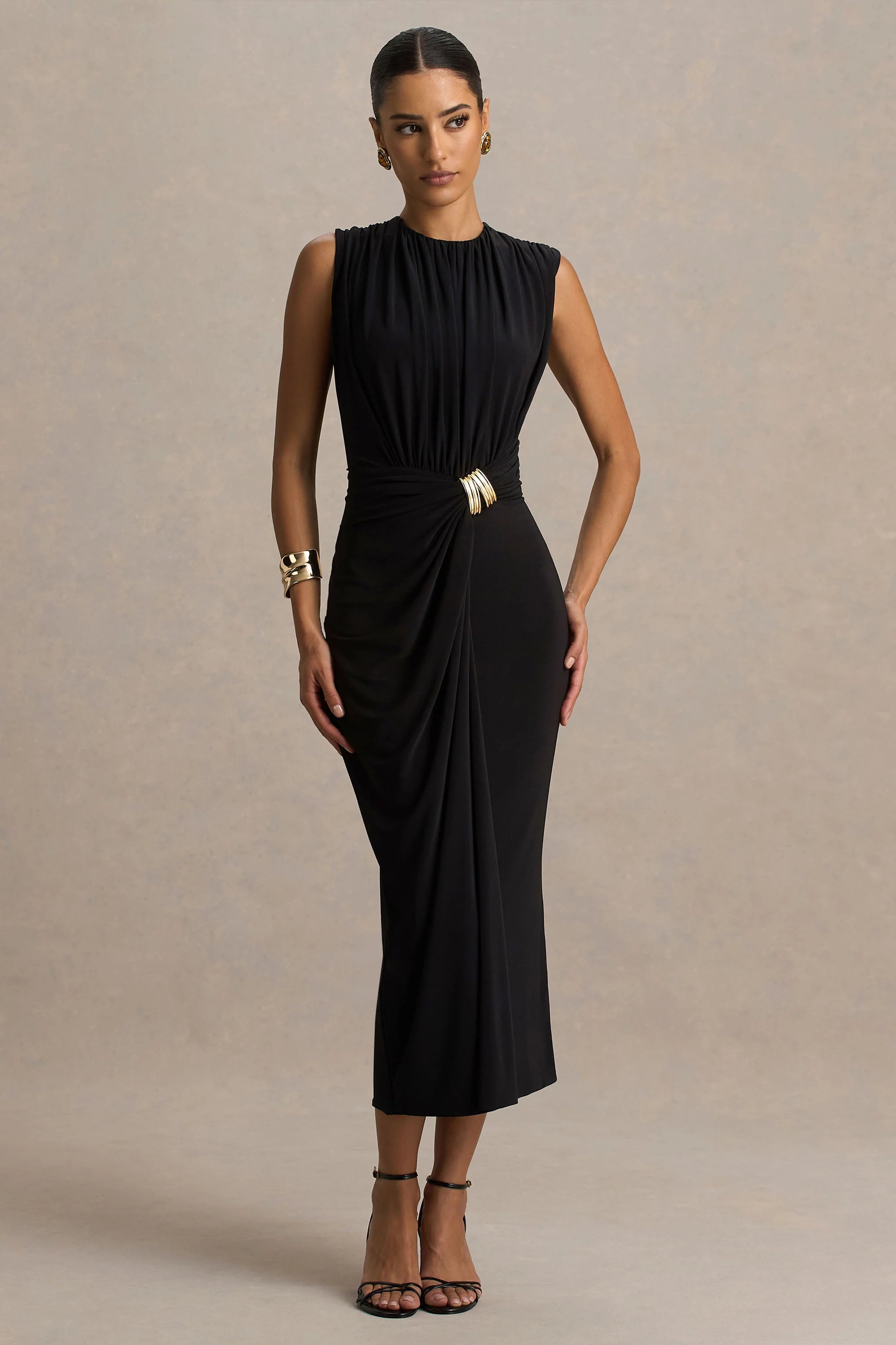 Harlow Black Crew Neck Wrapped Midi Dress
