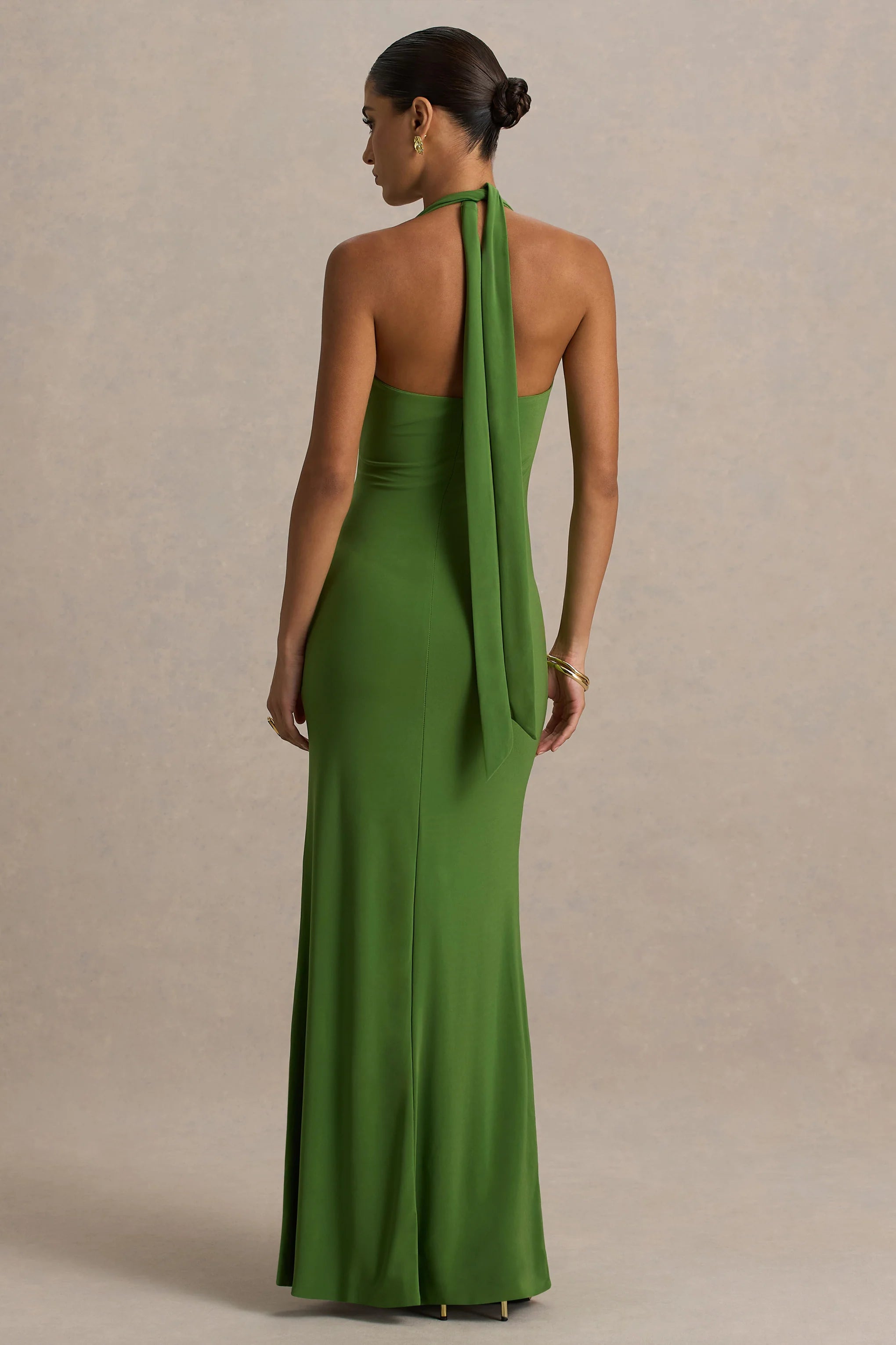 Hera Green Extreme Plunge Maxi Dress With Ruched Detail