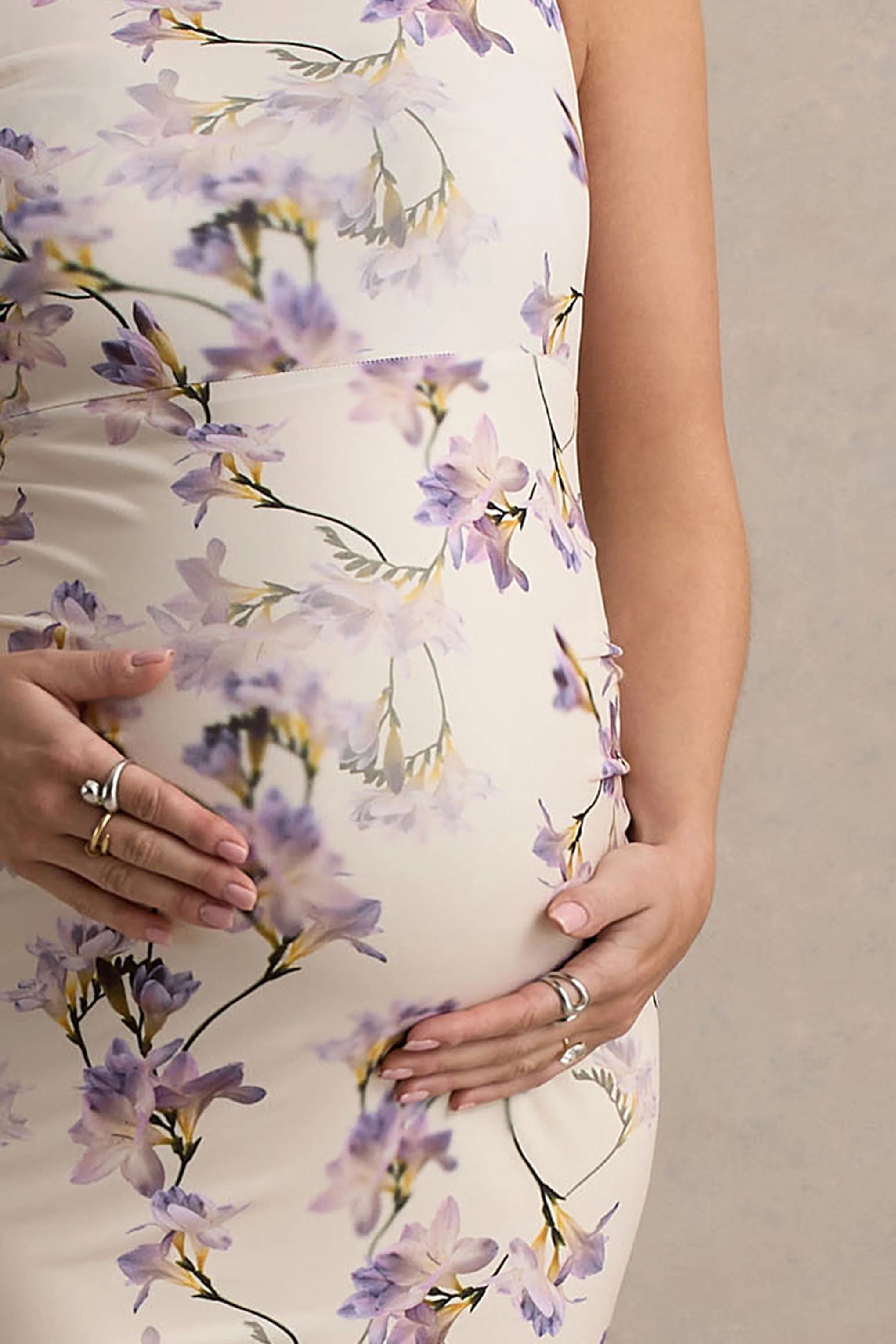 Katarine Peach Floral Print Asymmetric Knot Maternity Midi Dress