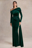 Hadria Bottle Green Velvet Asymmetric Neck Maxi Dress With Sash Detail