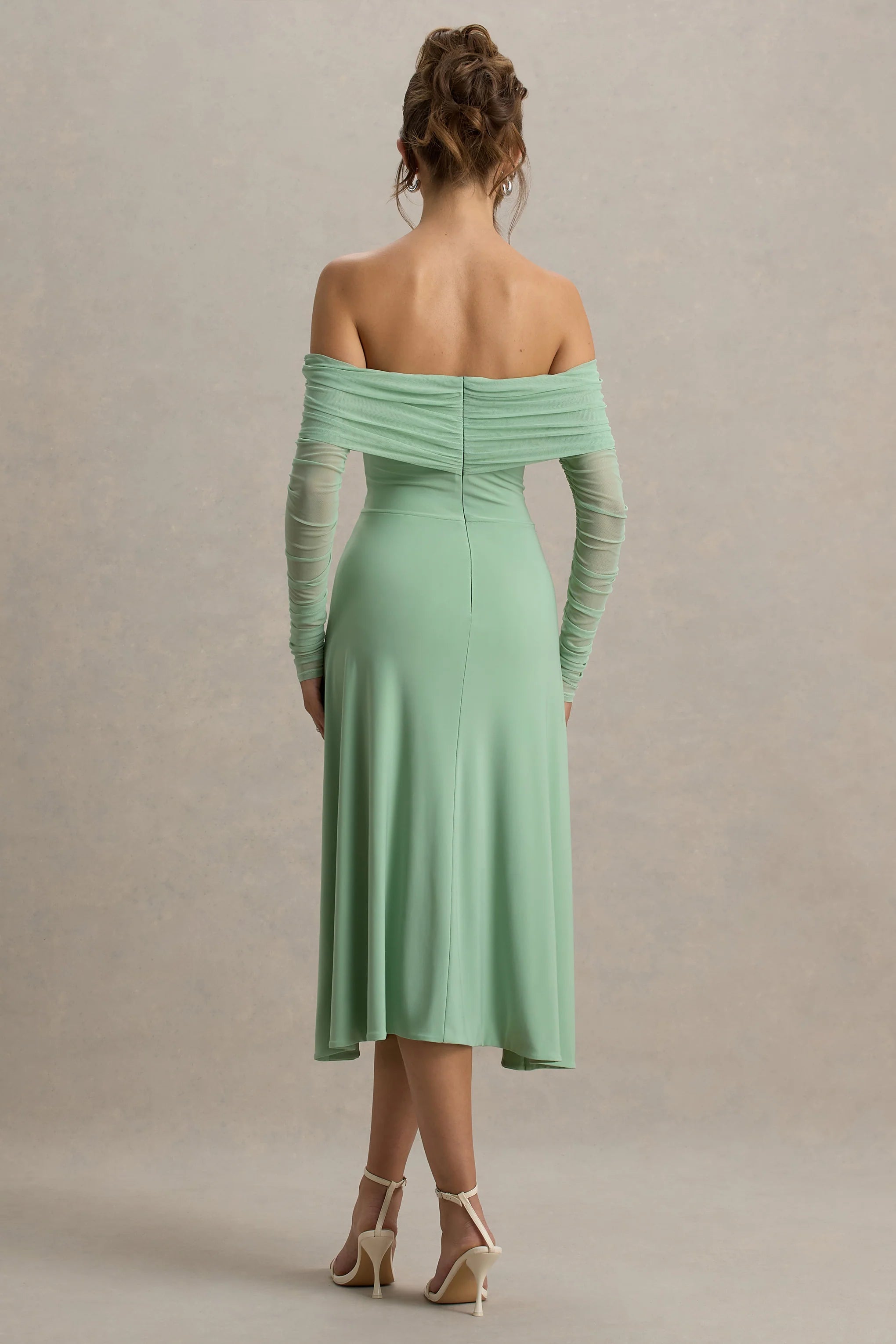 Flatter Me Light Green Bardot Midi Dress With Mesh Sleeves
